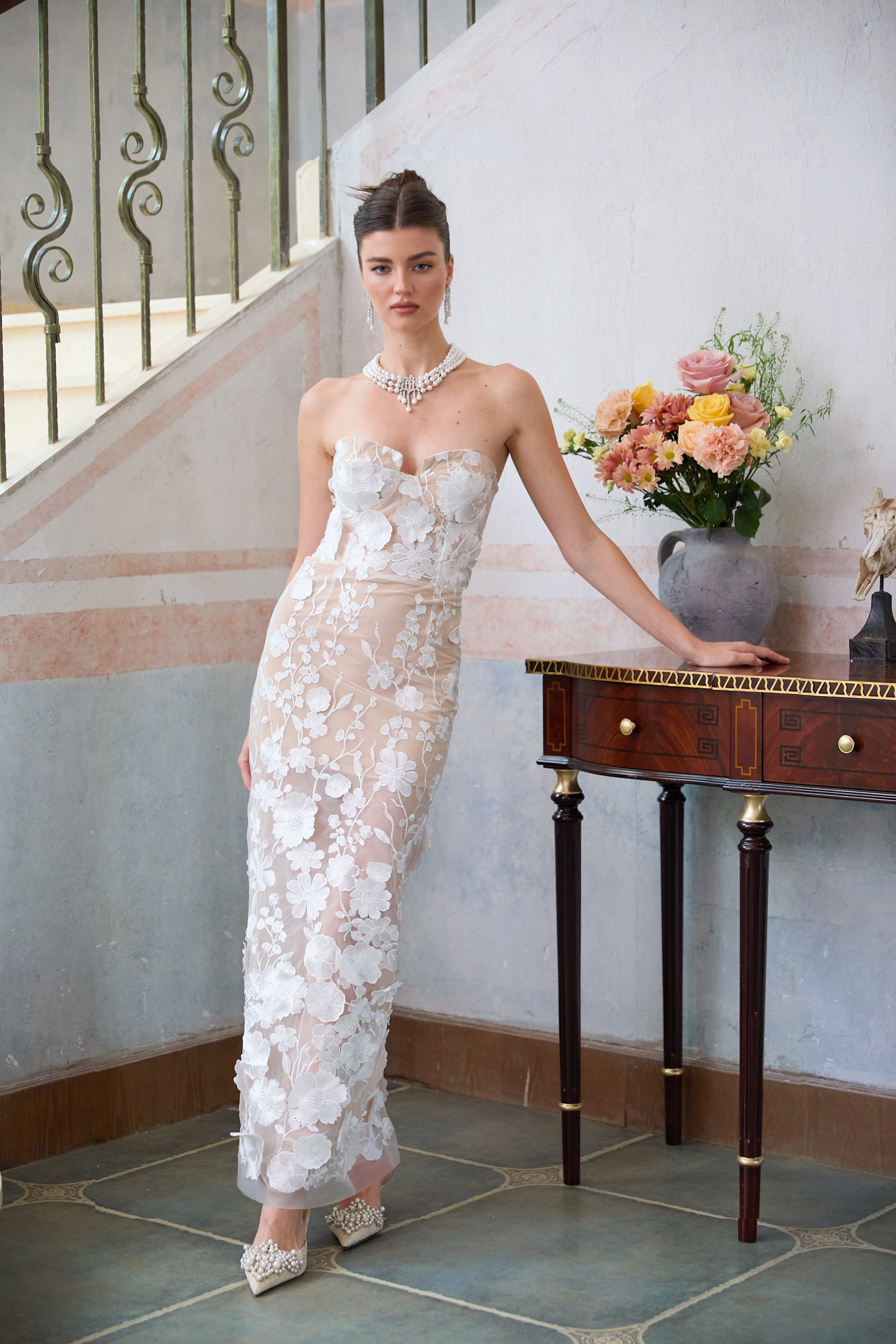 Strapless sheer gown with white 3D floral appliques