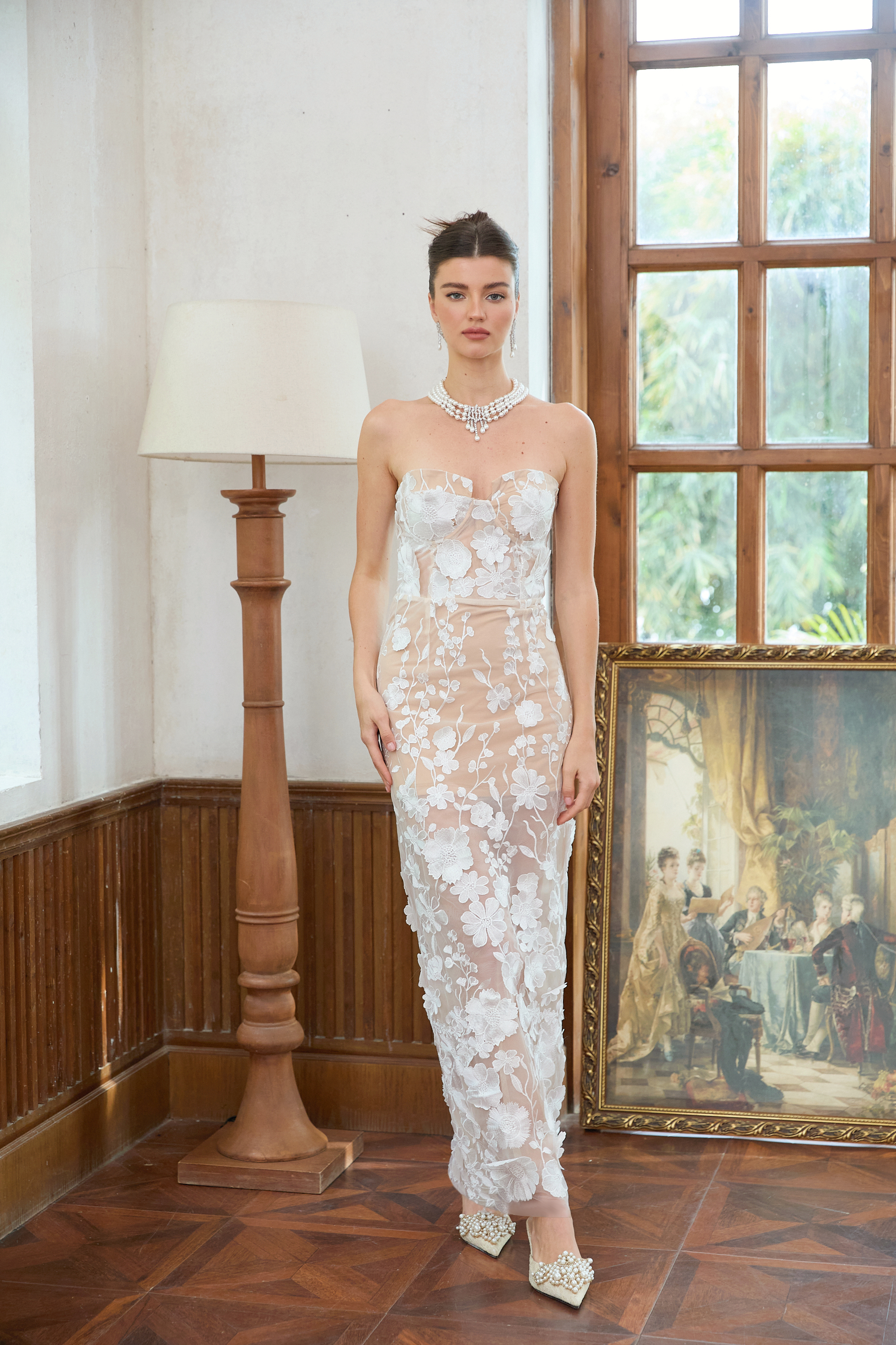 Strapless sheer gown with white 3D floral appliques