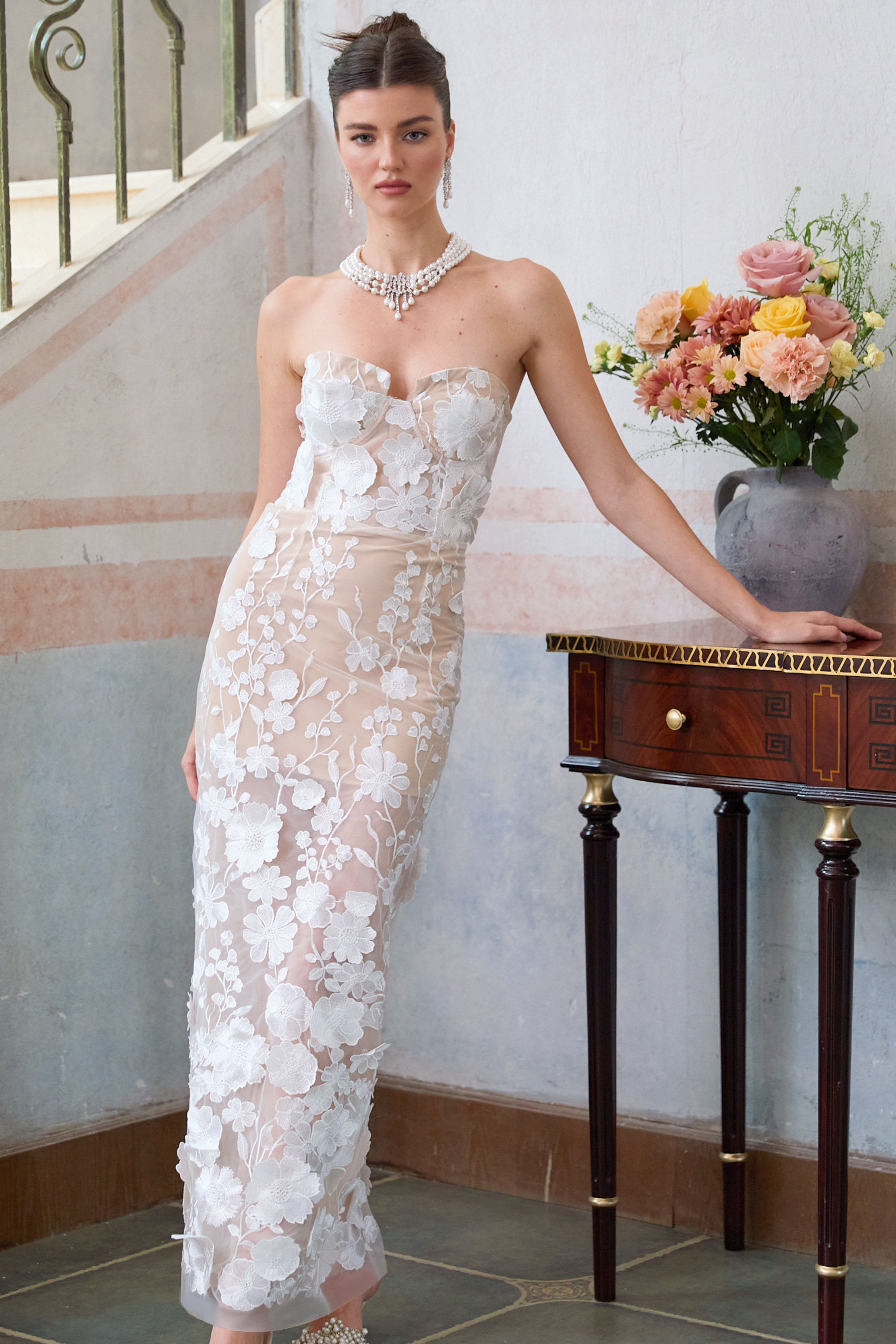 Strapless sheer gown with white 3D floral appliques