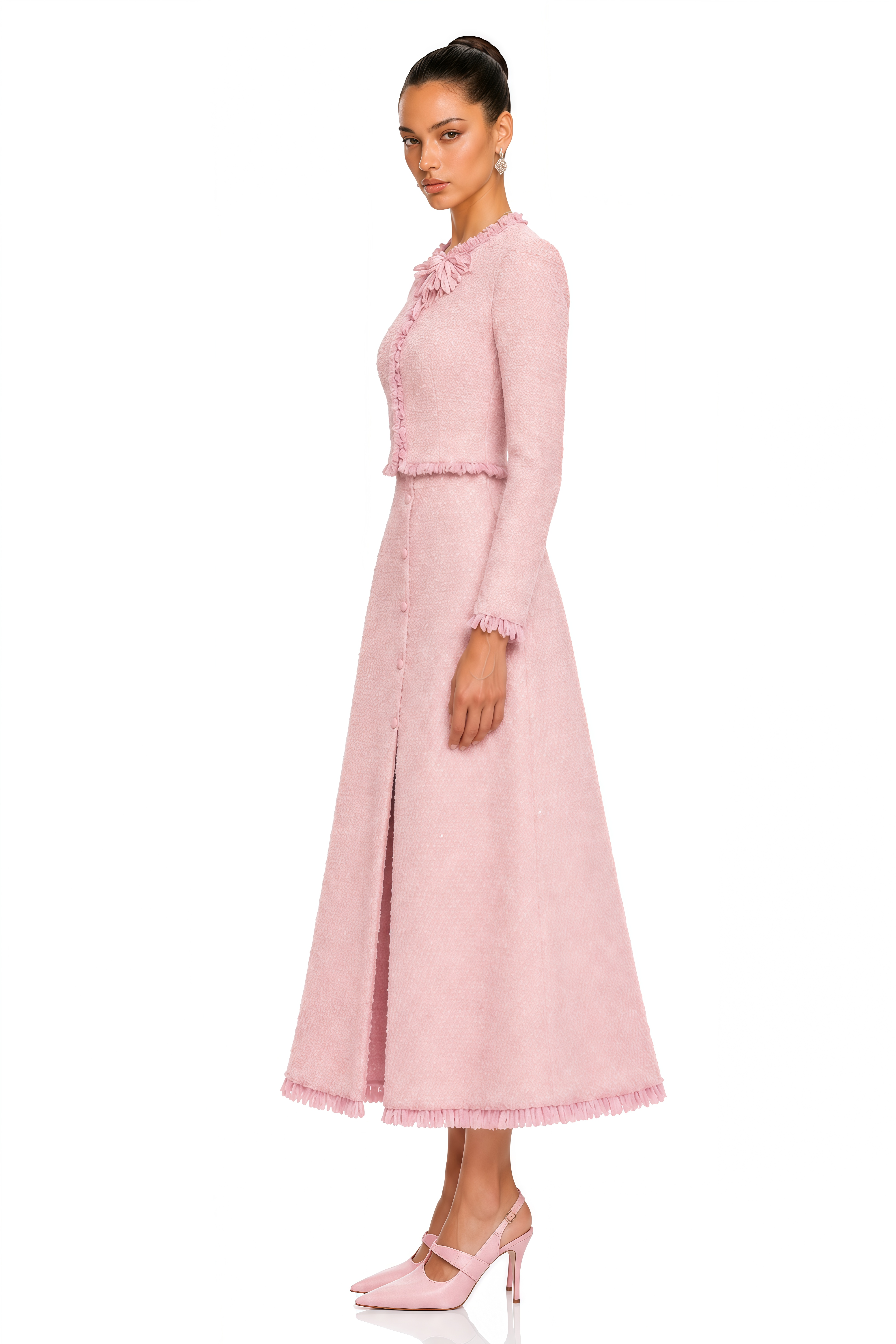 Briony Pink Tweed Jacket & Skirt Set with Fringe