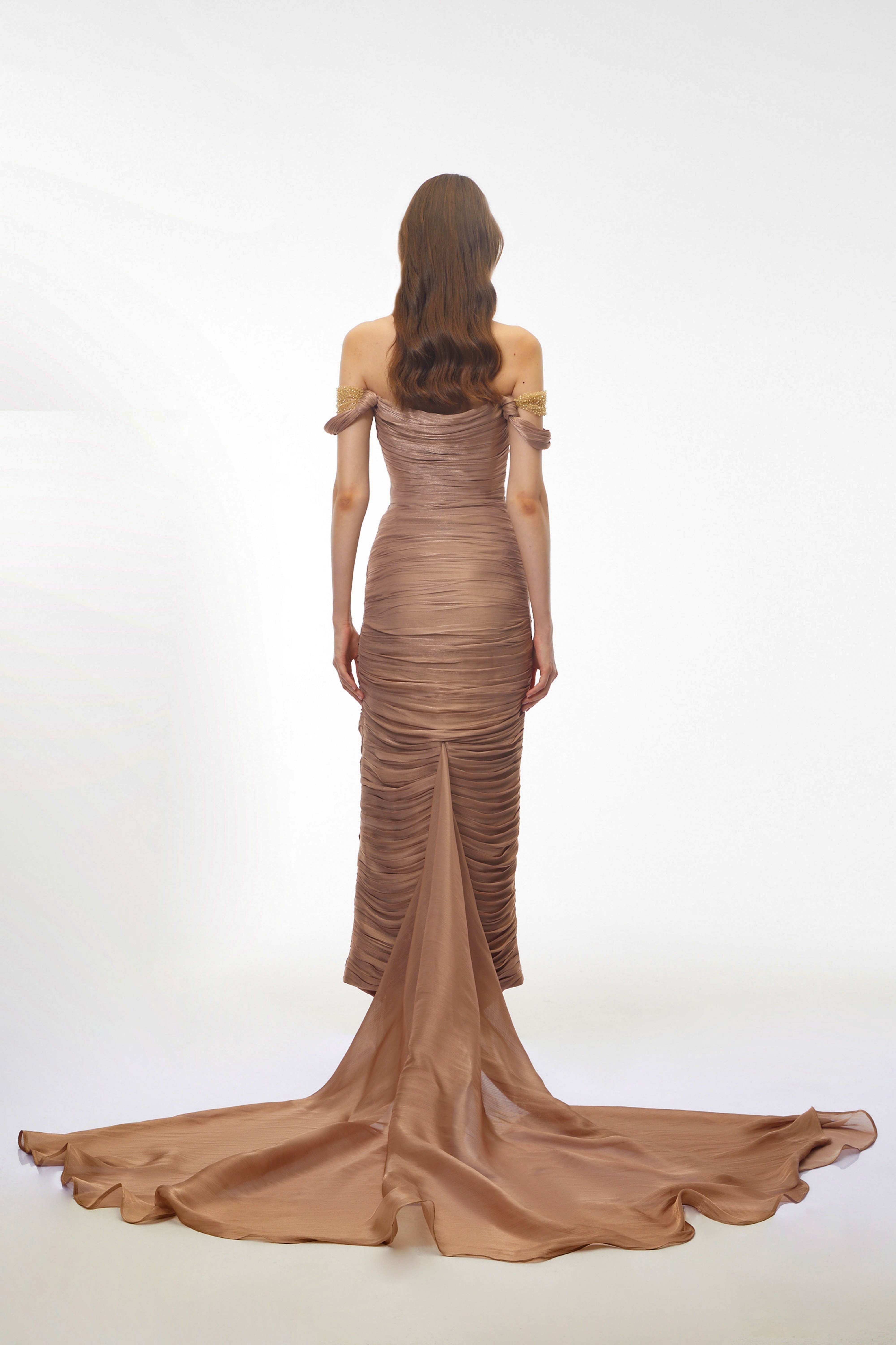 Bruna Gold Embellished Ruched Asymmetrical Maxi Dress
