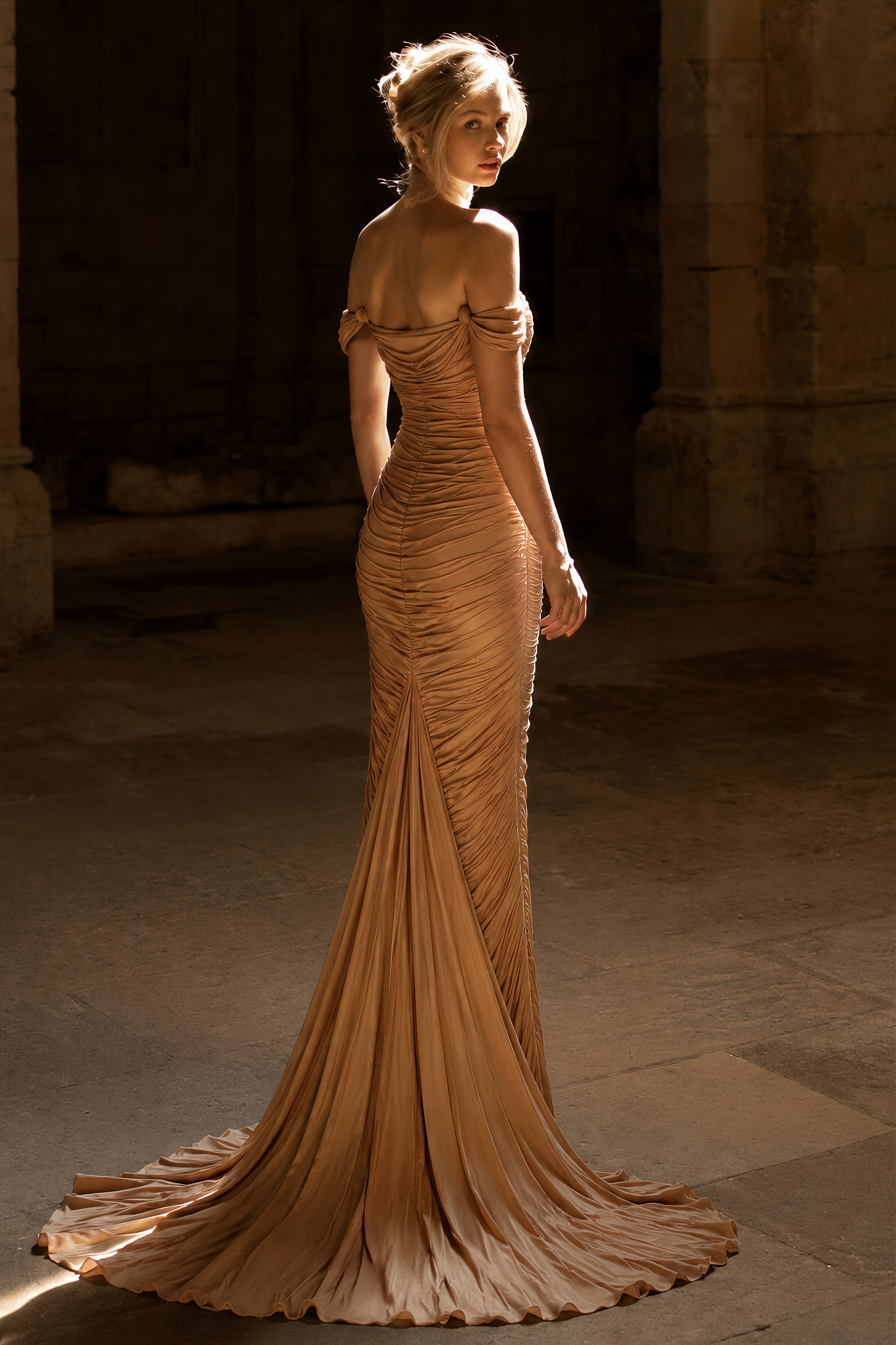 Bruna Gold Embellished Ruched Asymmetrical Maxi Dress