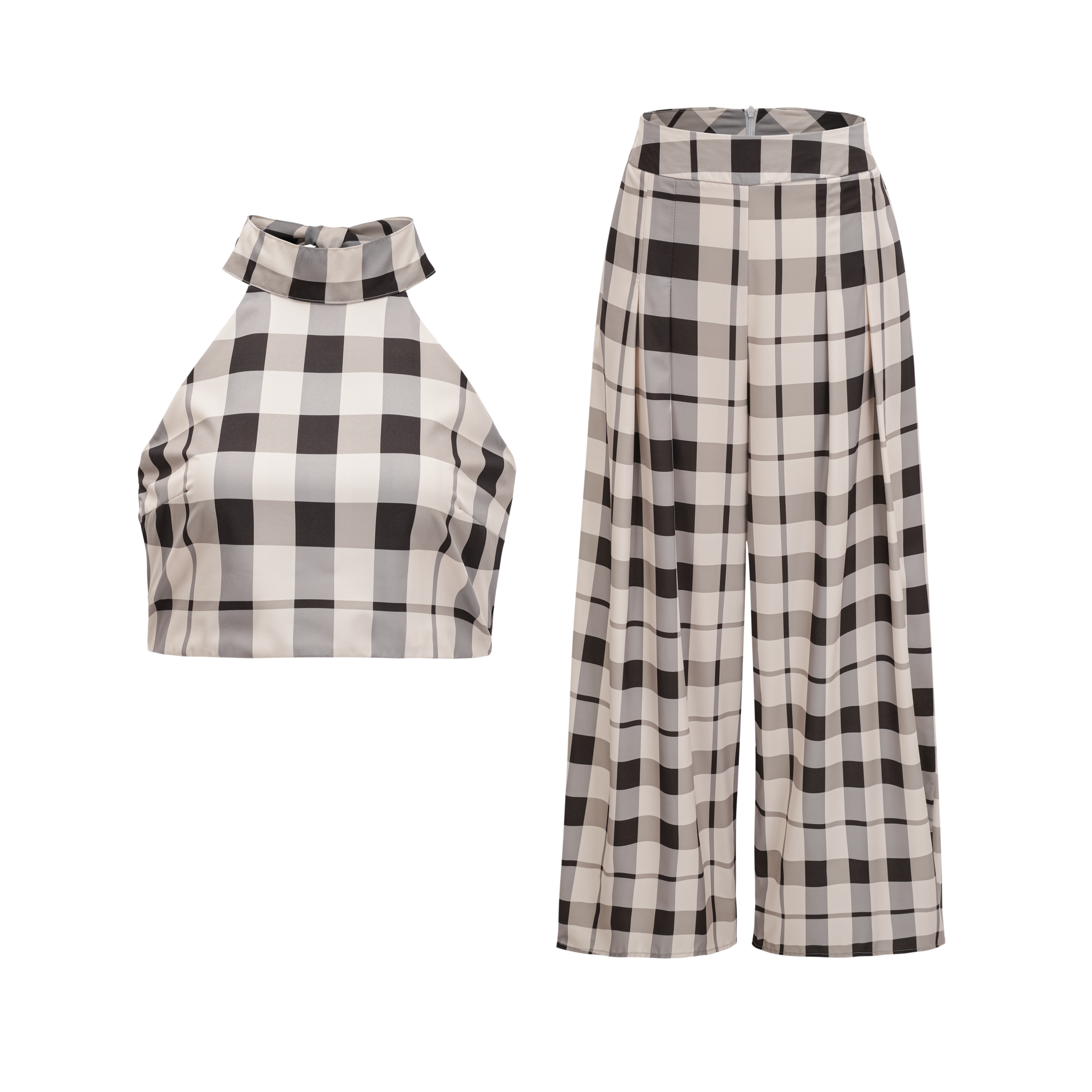 Buket Brown Plaid Top & Barrel Leg Trouser Set