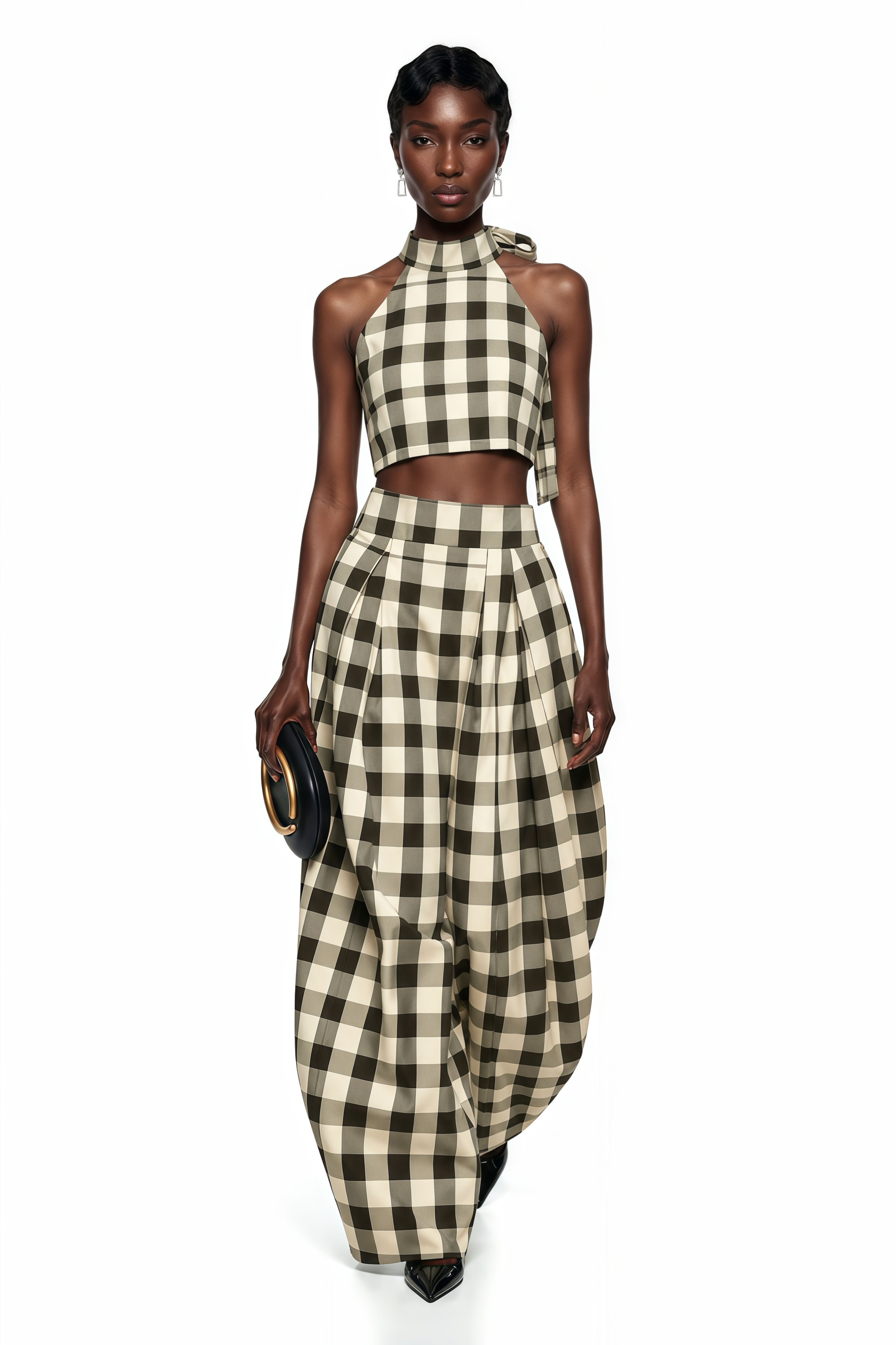 Gingham check two-piece set featuring a halter crop top and pleated wide-leg trousers