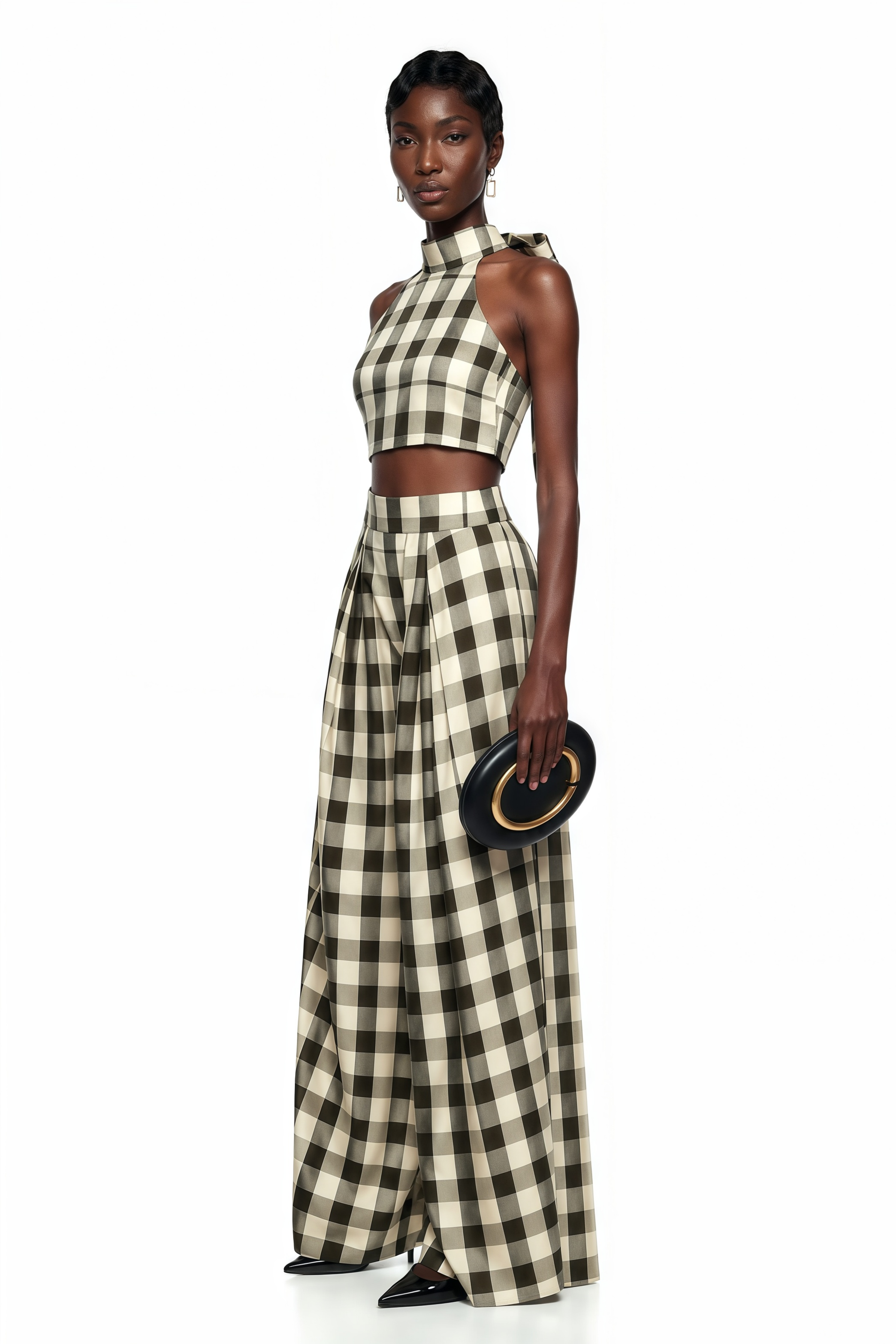 Gingham check two-piece set featuring a halter crop top and pleated wide-leg trousers