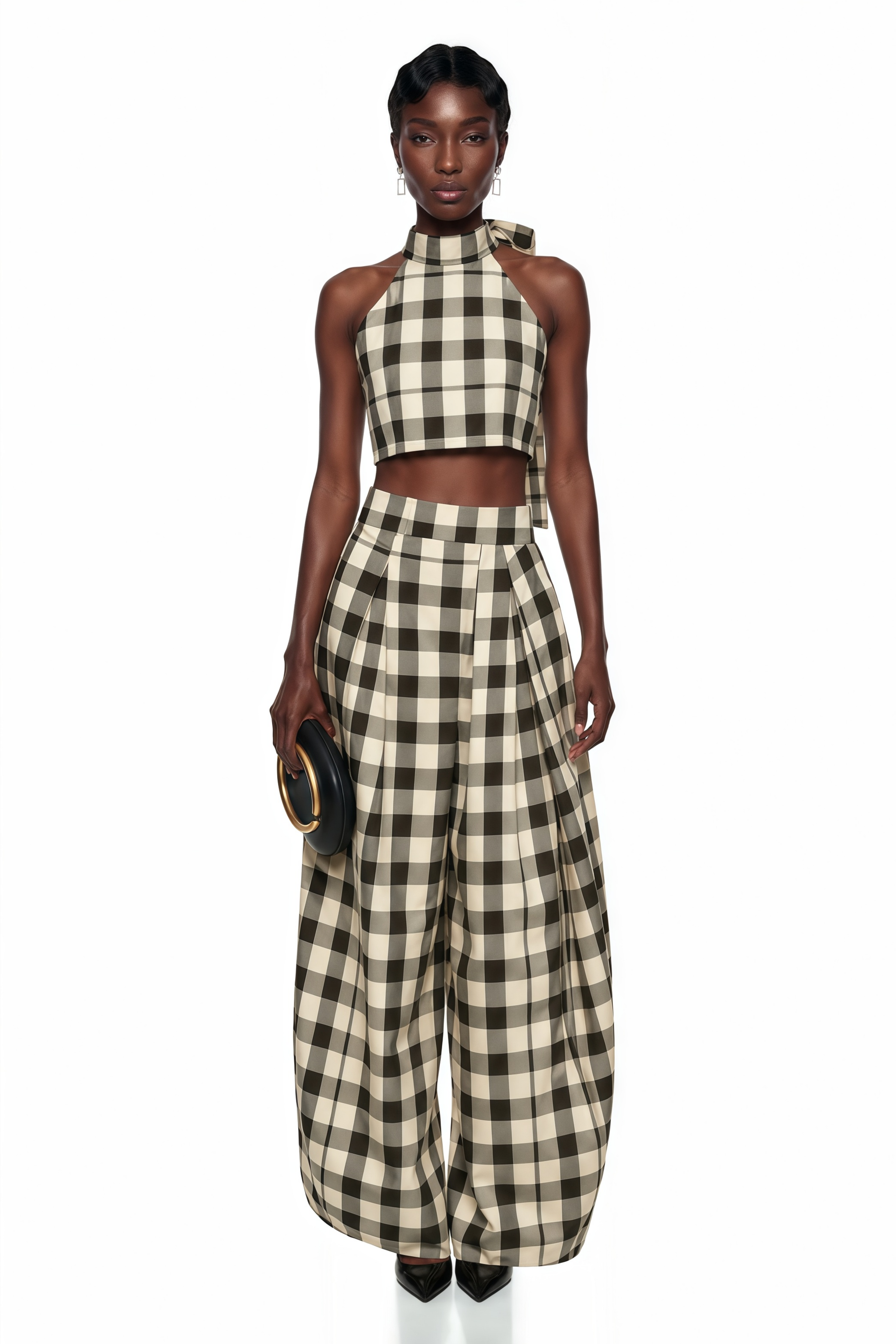 Gingham check two-piece set featuring a halter crop top and pleated wide-leg trousers