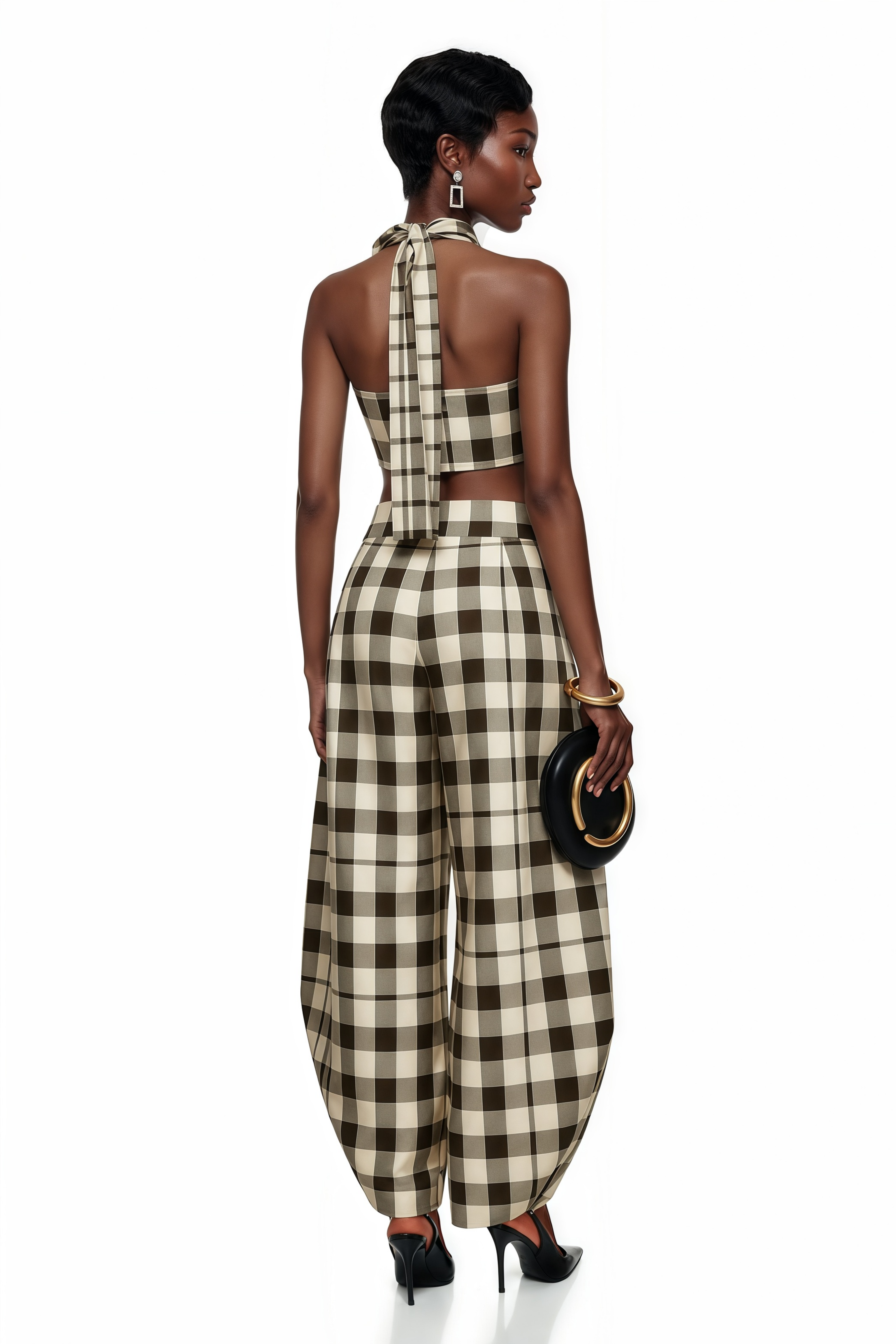 Gingham check two-piece set featuring a halter crop top and pleated wide-leg trousers