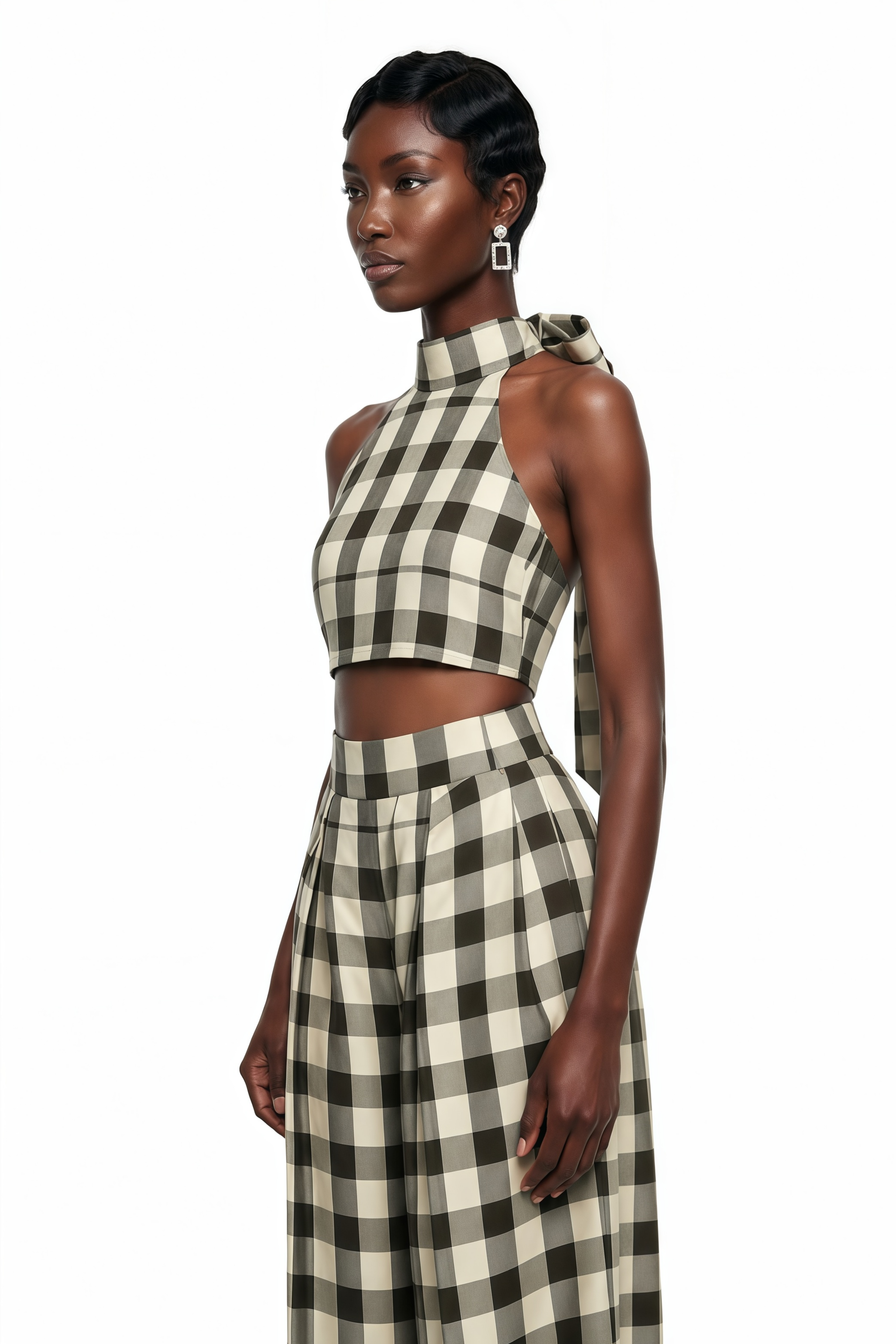 Gingham check two-piece set featuring a halter crop top and pleated wide-leg trousers