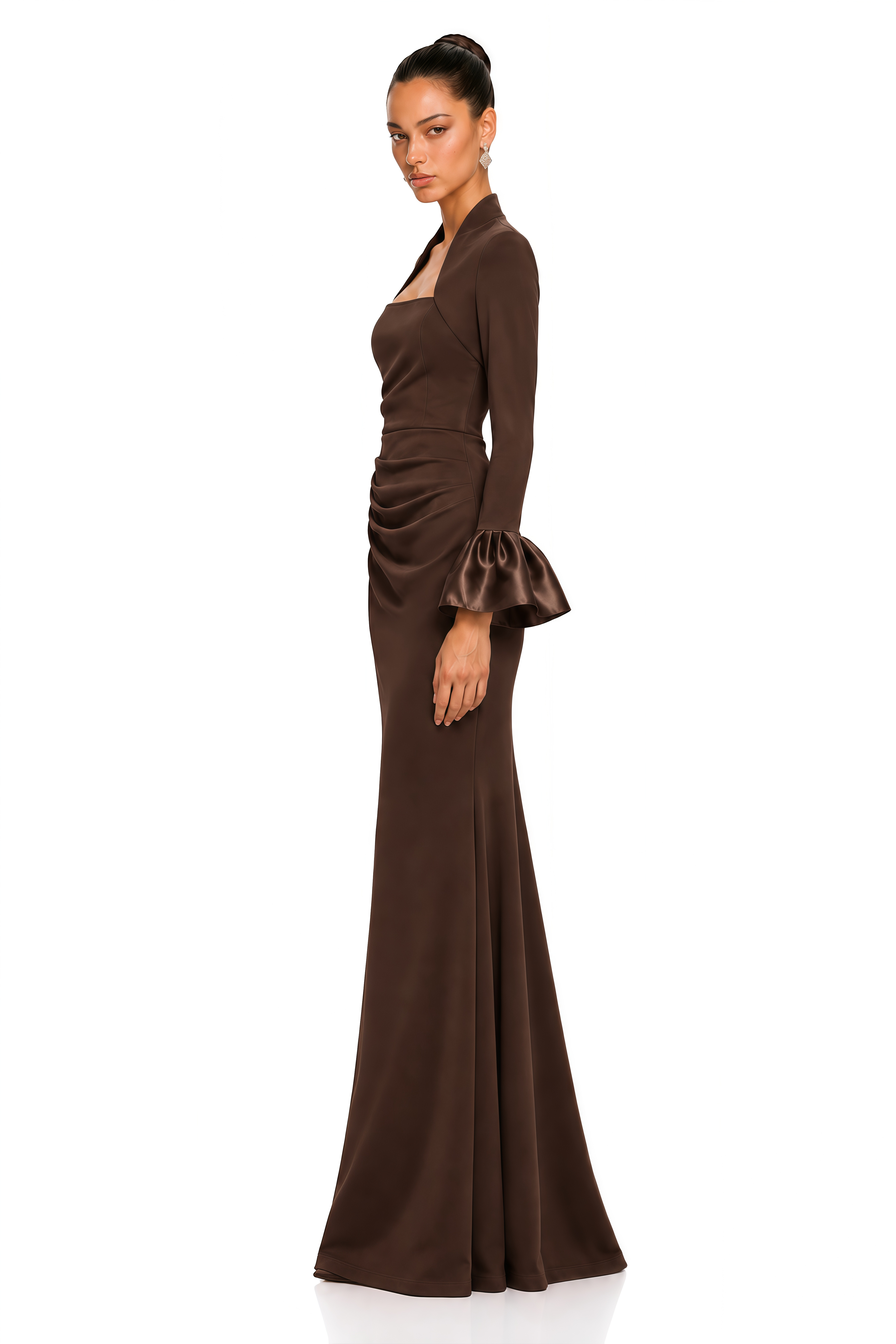 Caitlin Brown Square Neck Flared Cuff Maxi Dress