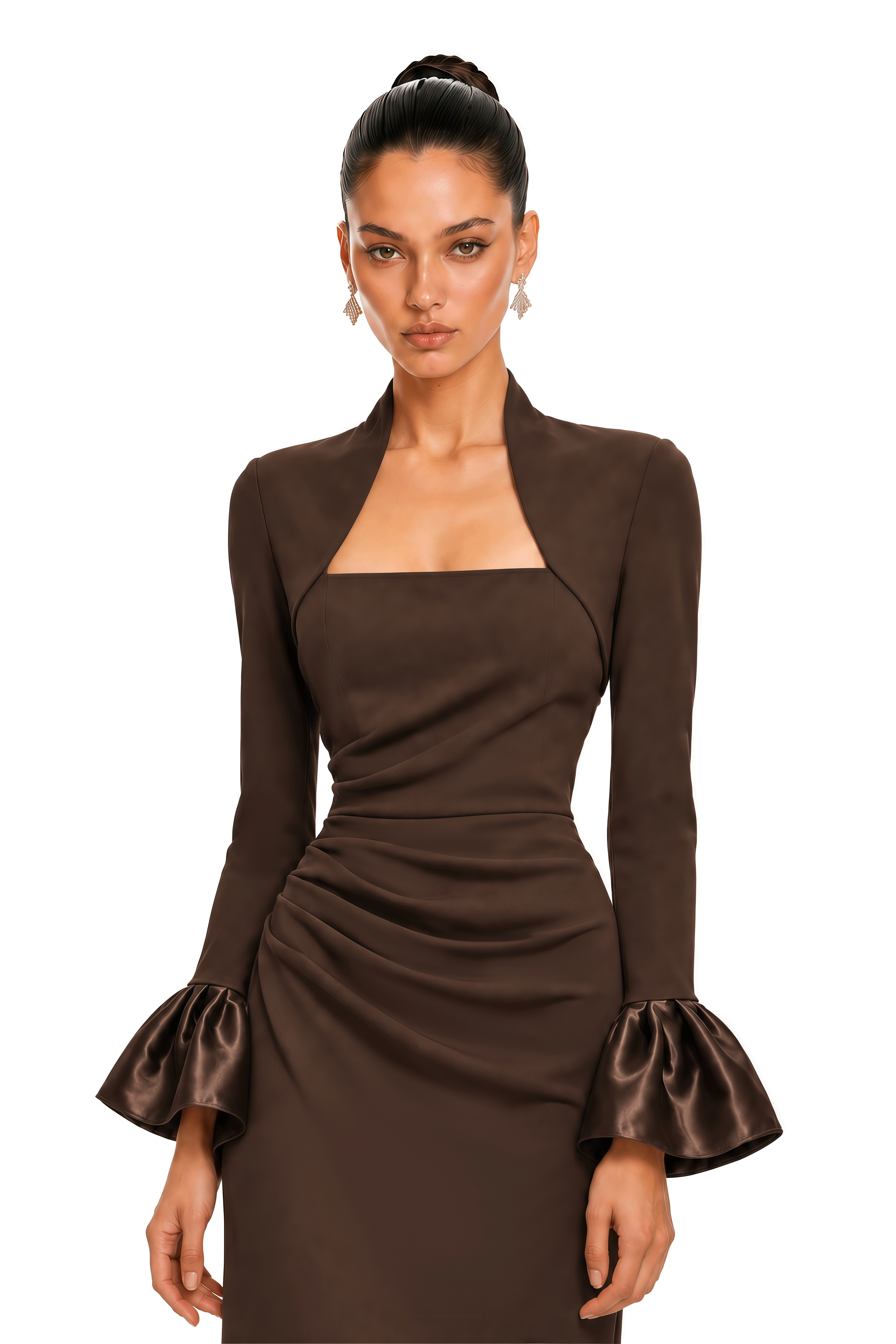 Caitlin Brown Square Neck Flared Cuff Maxi Dress