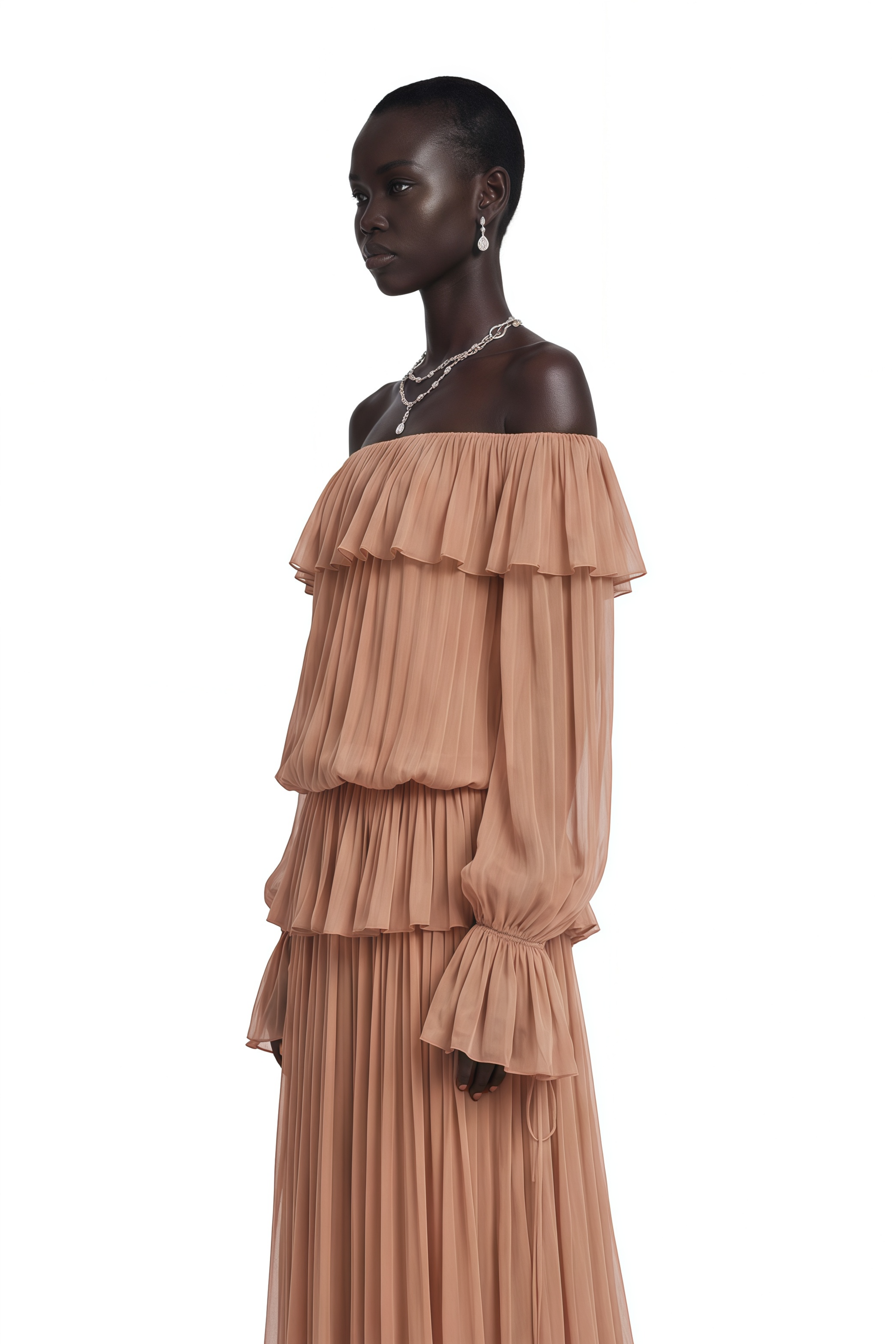 Calantha Chocolate Brown Off Shoulder Ruffled Top & Skirt Set