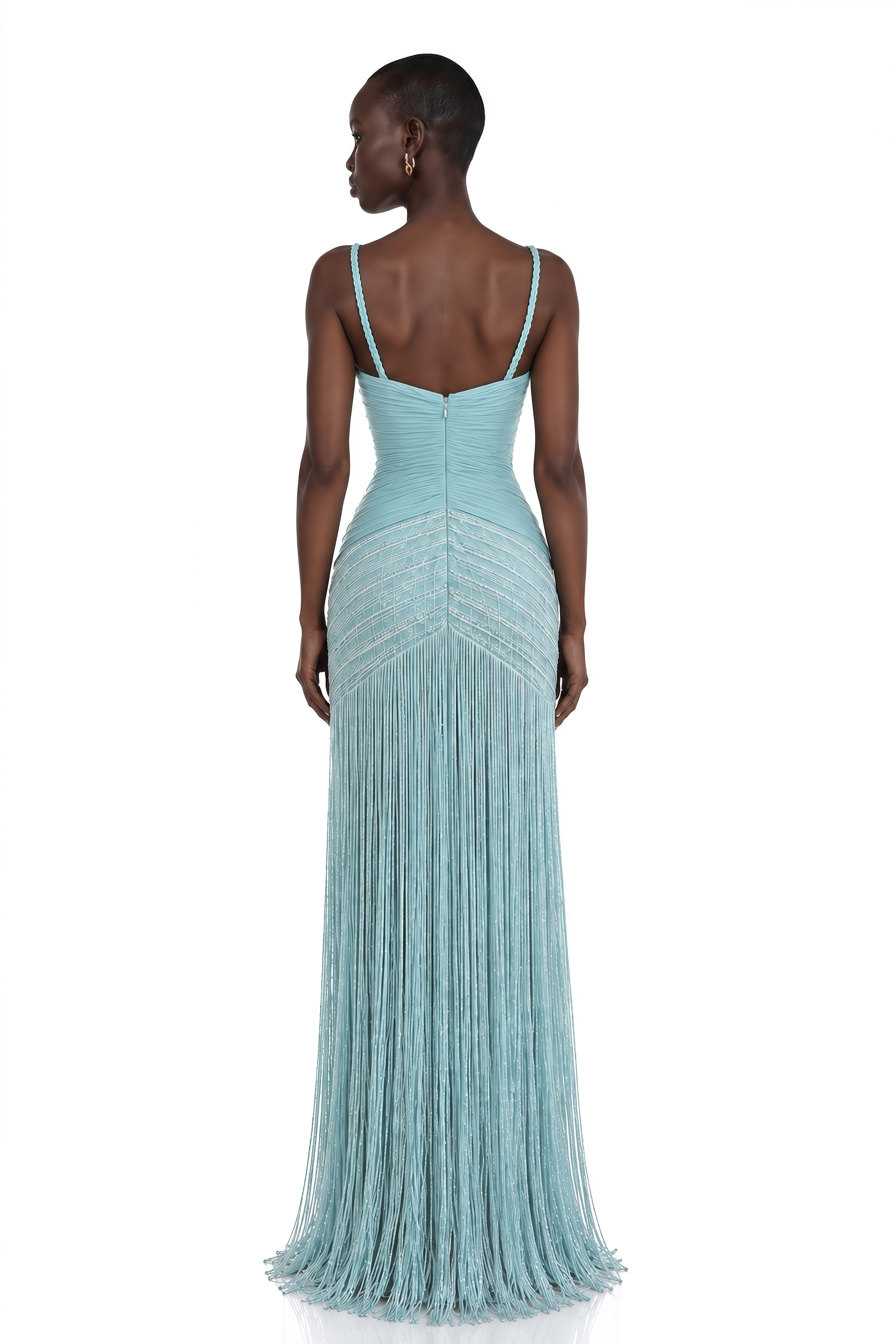 Calanthe Green Ruched Fringe Maxi Dress