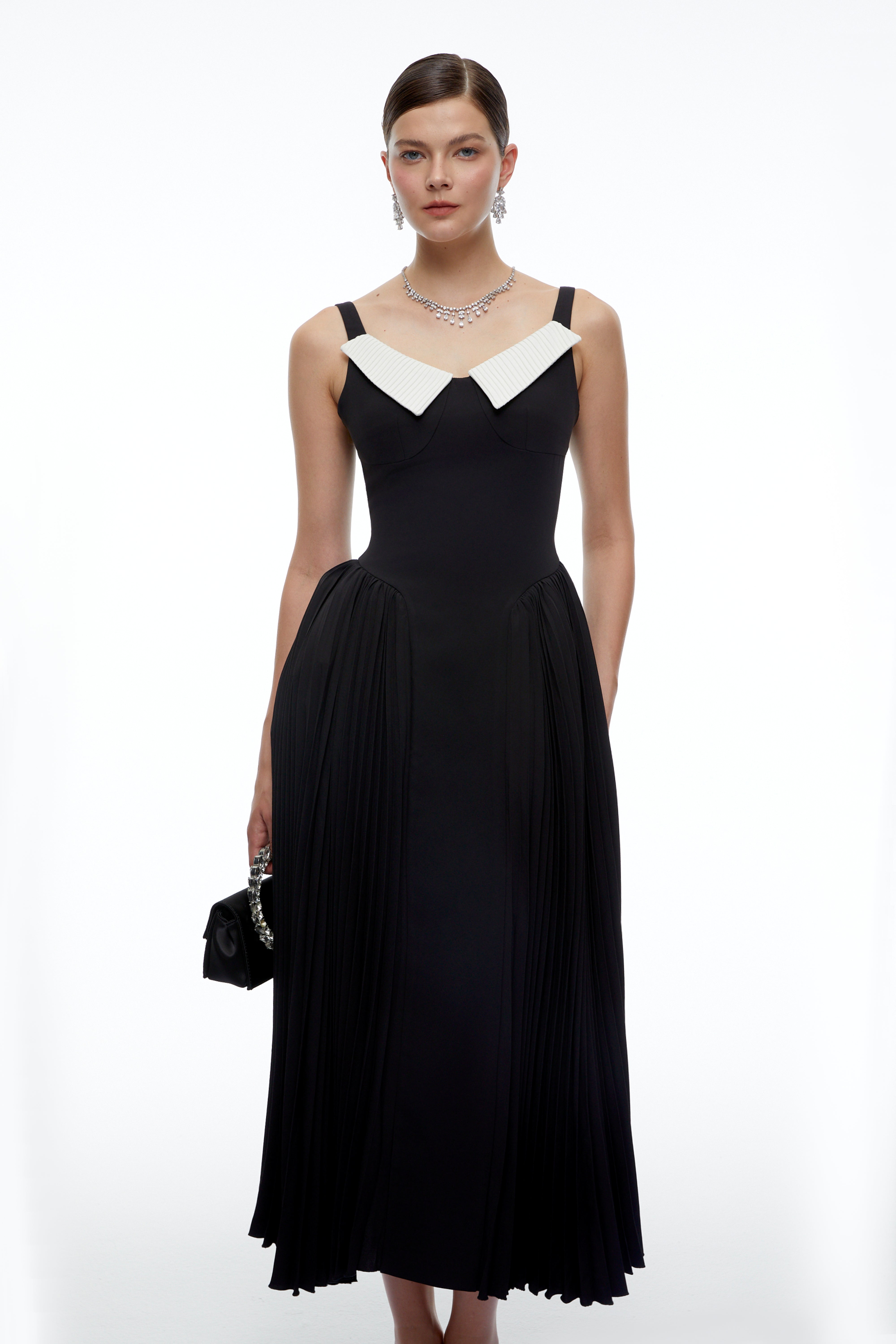 Caledonia Black Midi Dress with Contrast Collar