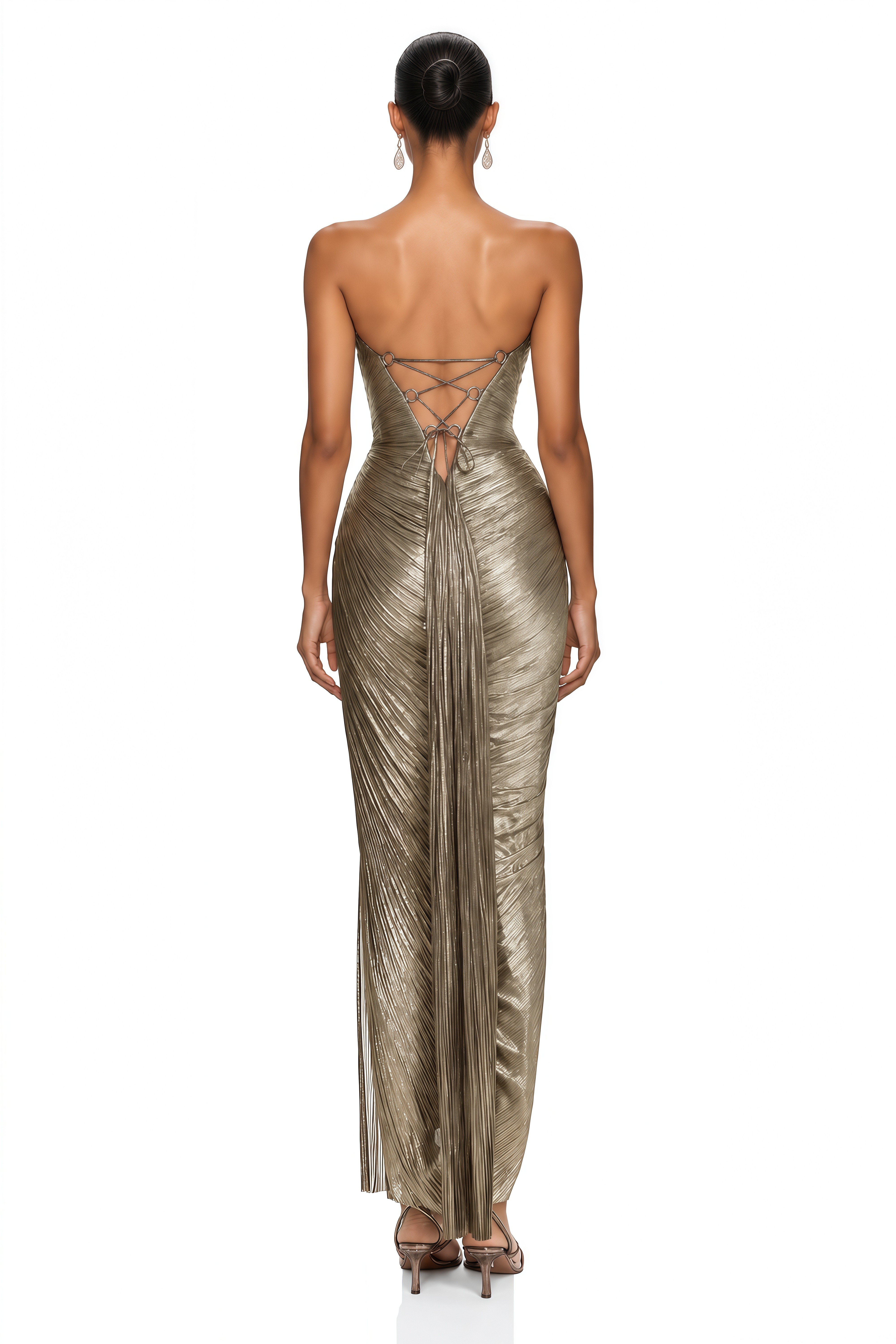 Calista Gold Metallic Ruched Cutout Maxi Dress