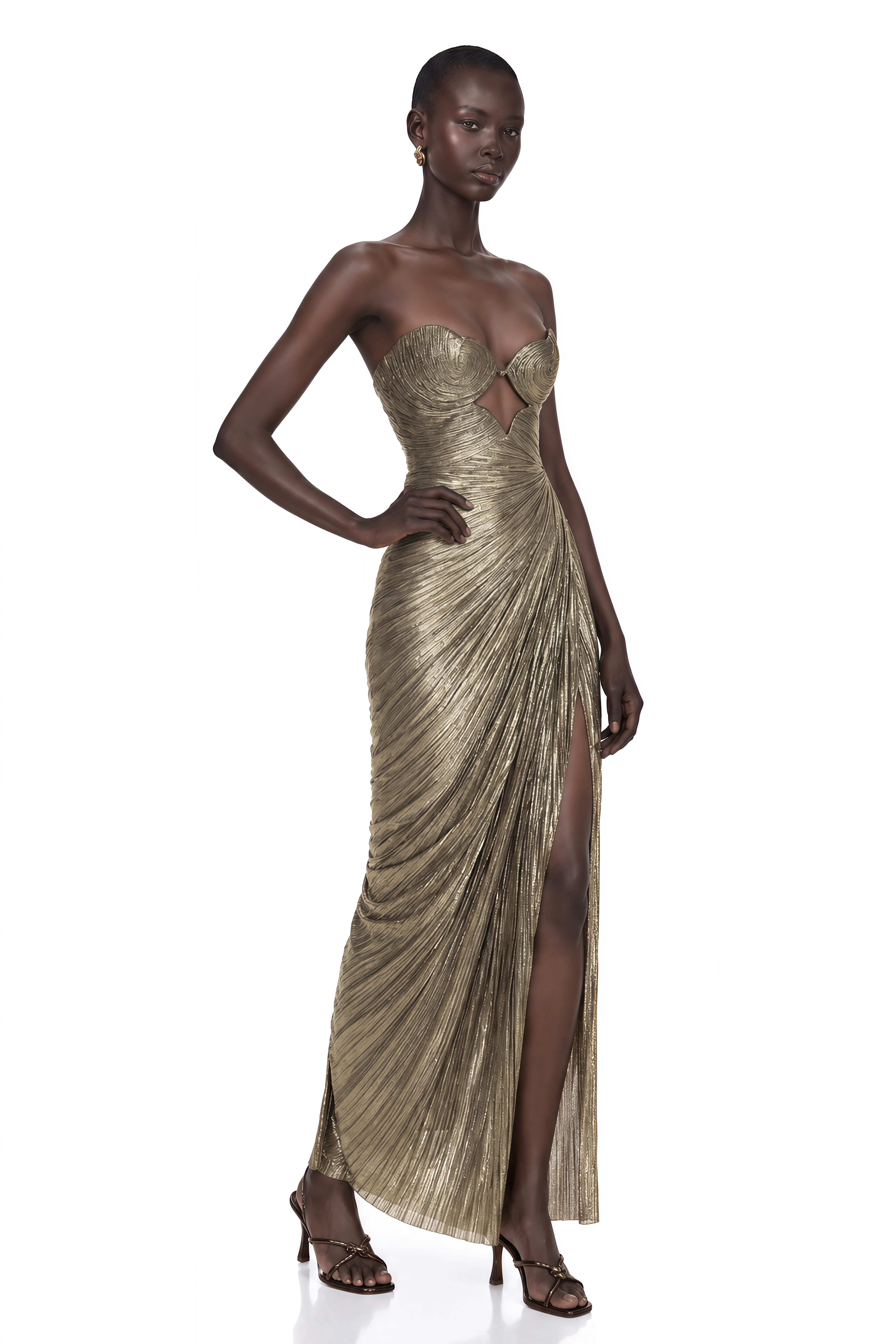 Calista Gold Metallic Ruched Cutout Maxi Dress