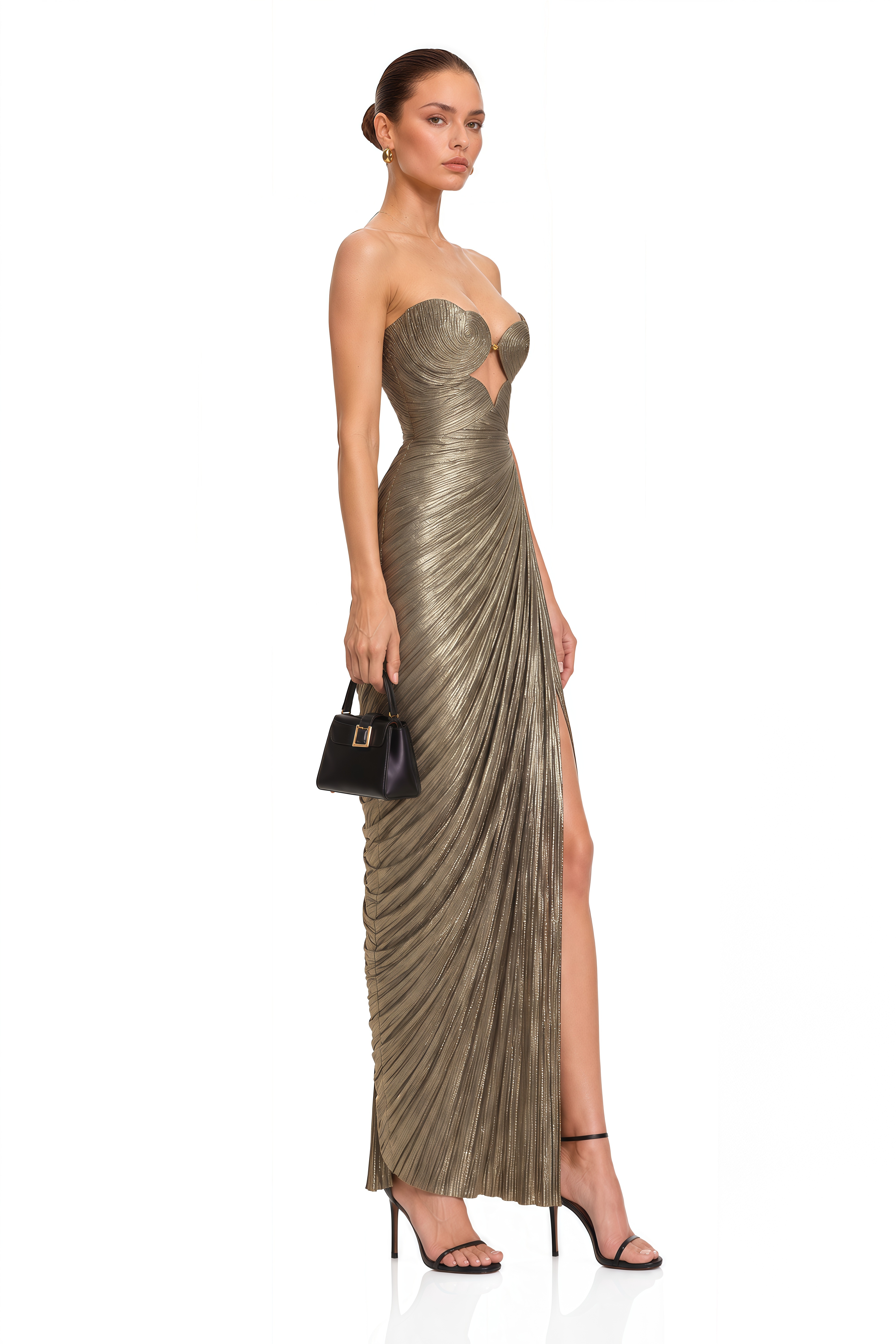 Calista Gold Metallic Ruched Cutout Maxi Dress