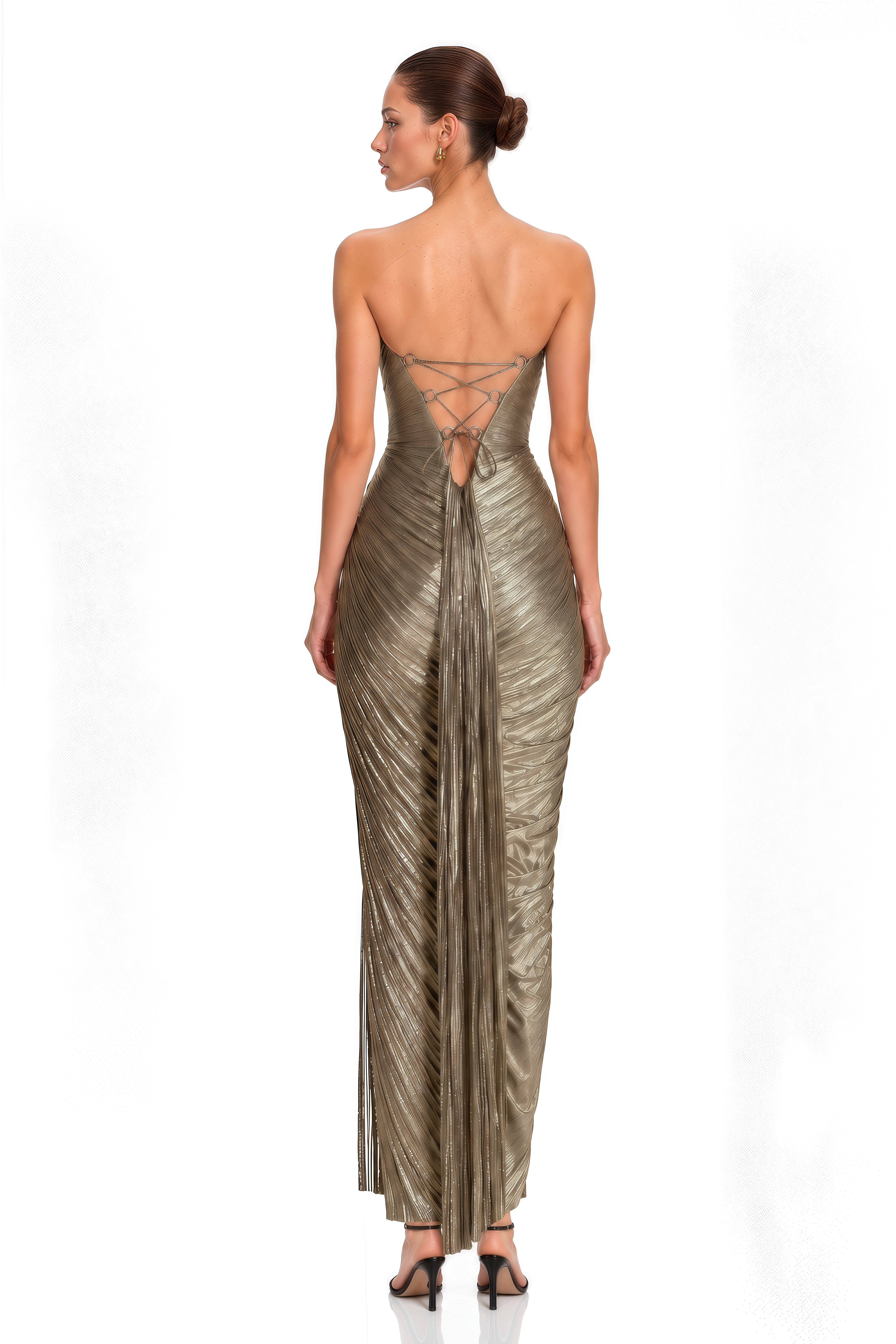 Calista Gold Metallic Ruched Cutout Maxi Dress