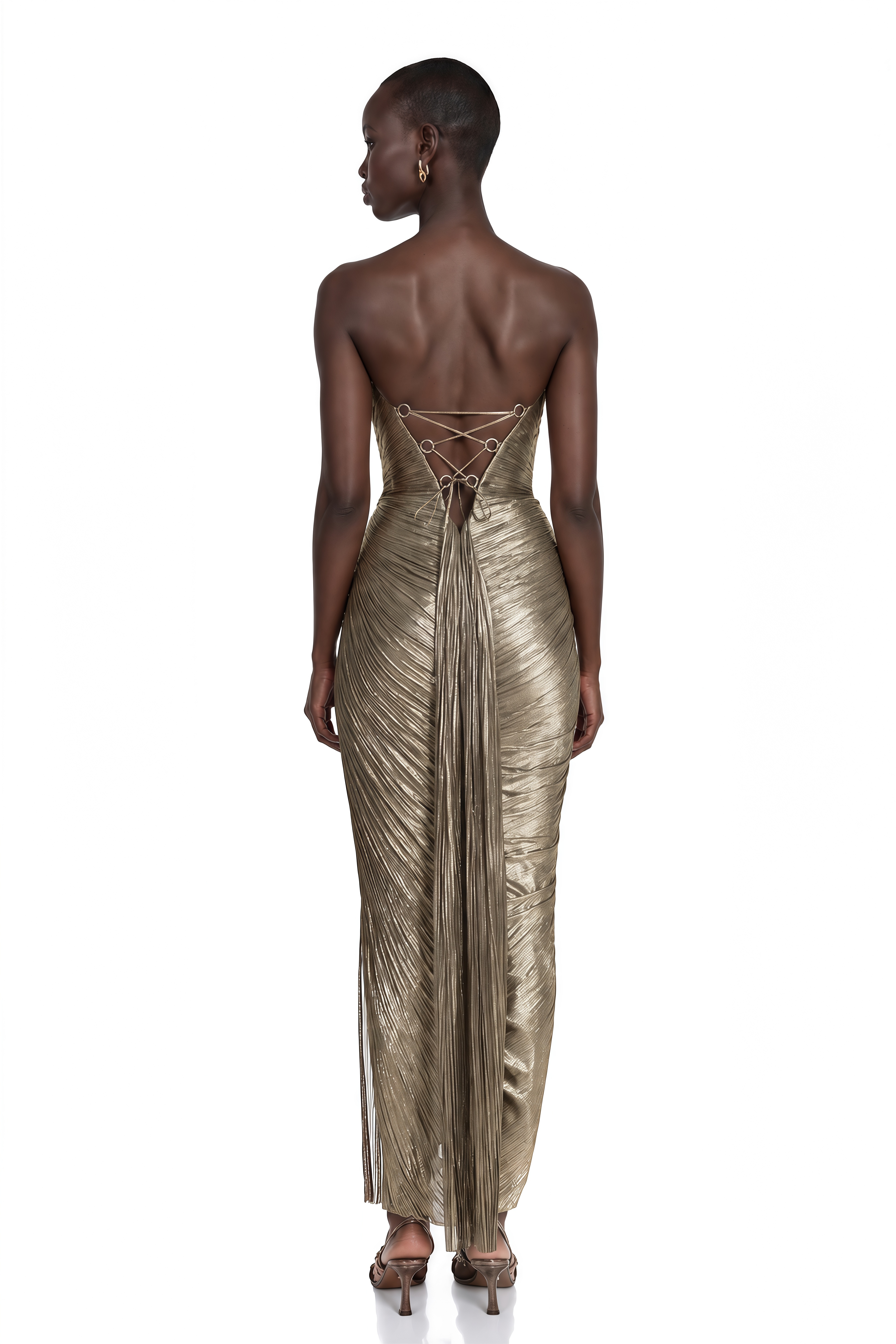 Calista Gold Metallic Ruched Cutout Maxi Dress