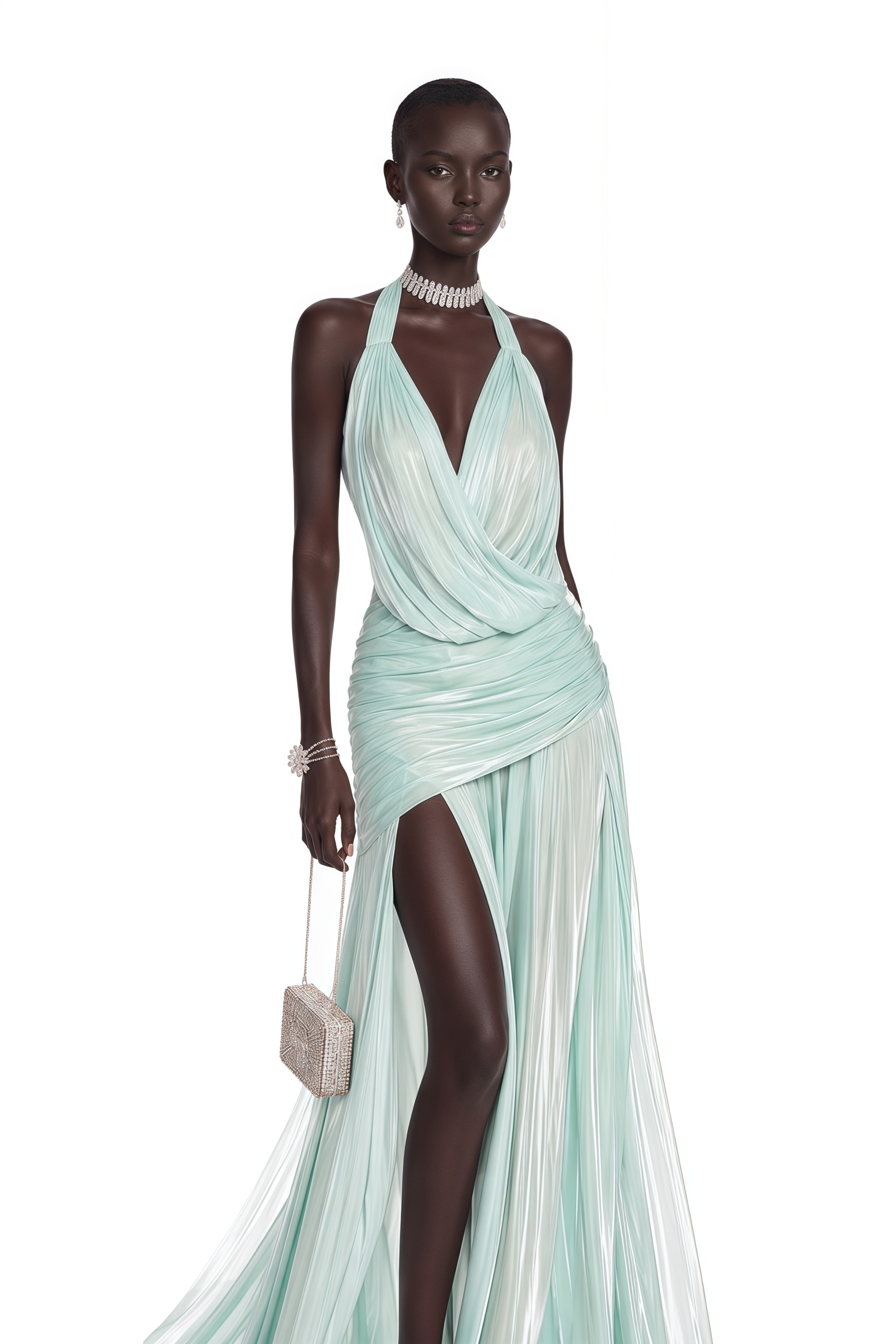 Calliope Mint Green Halterneck Ruched Slit Maxi Dress