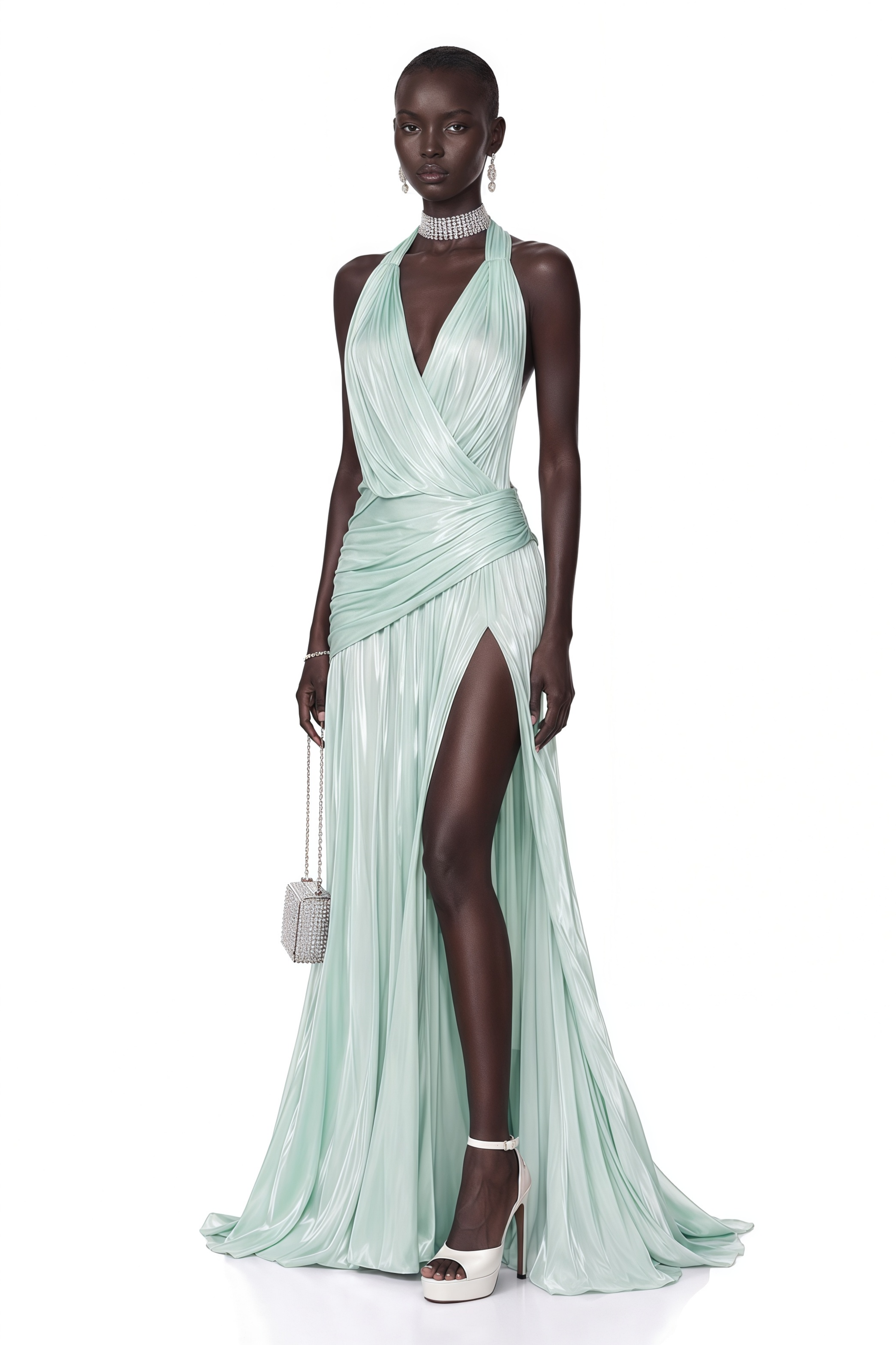 Calliope Mint Green Halterneck Ruched Slit Maxi Dress
