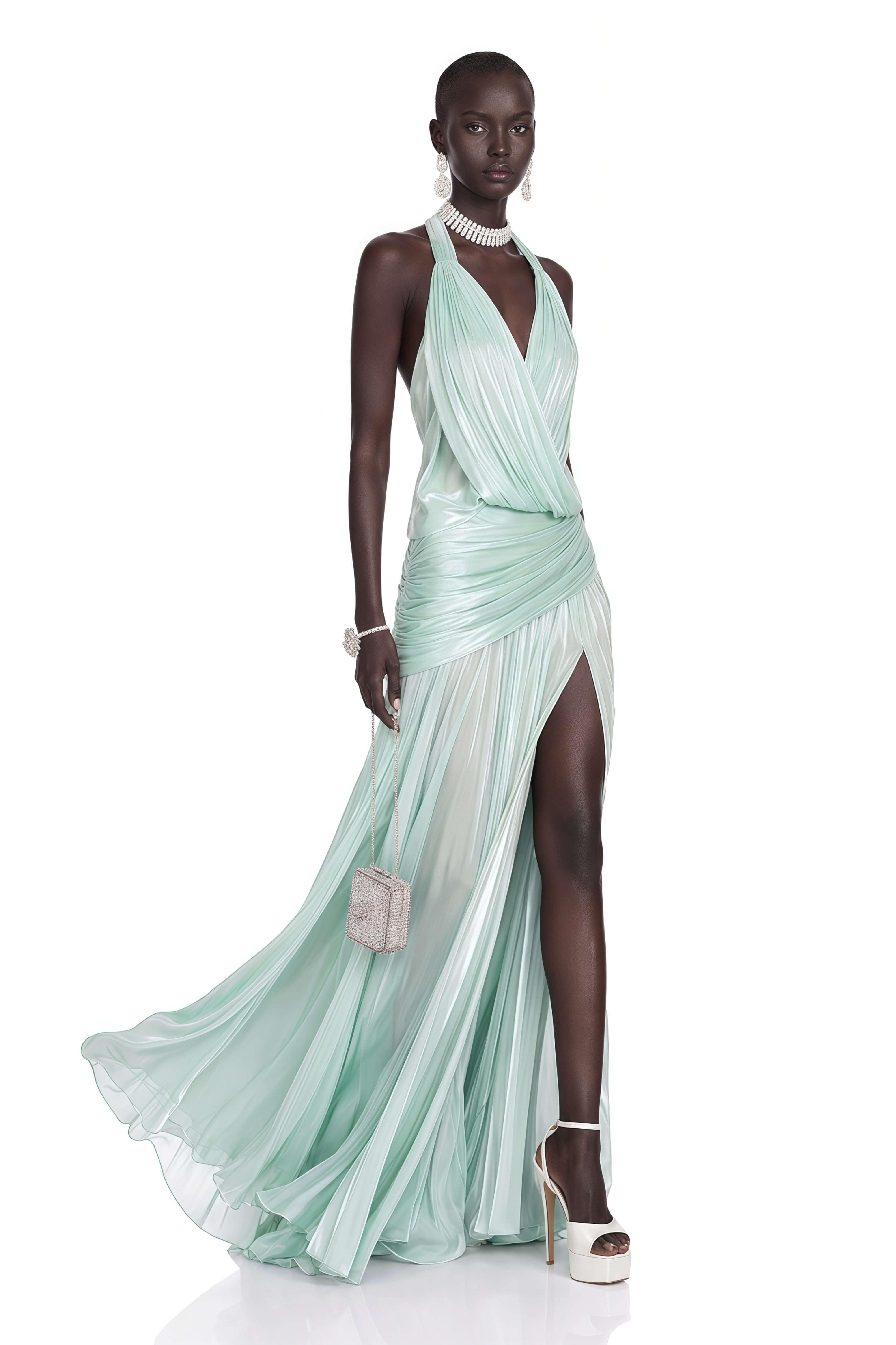 Calliope Mint Green Halterneck Ruched Slit Maxi Dress