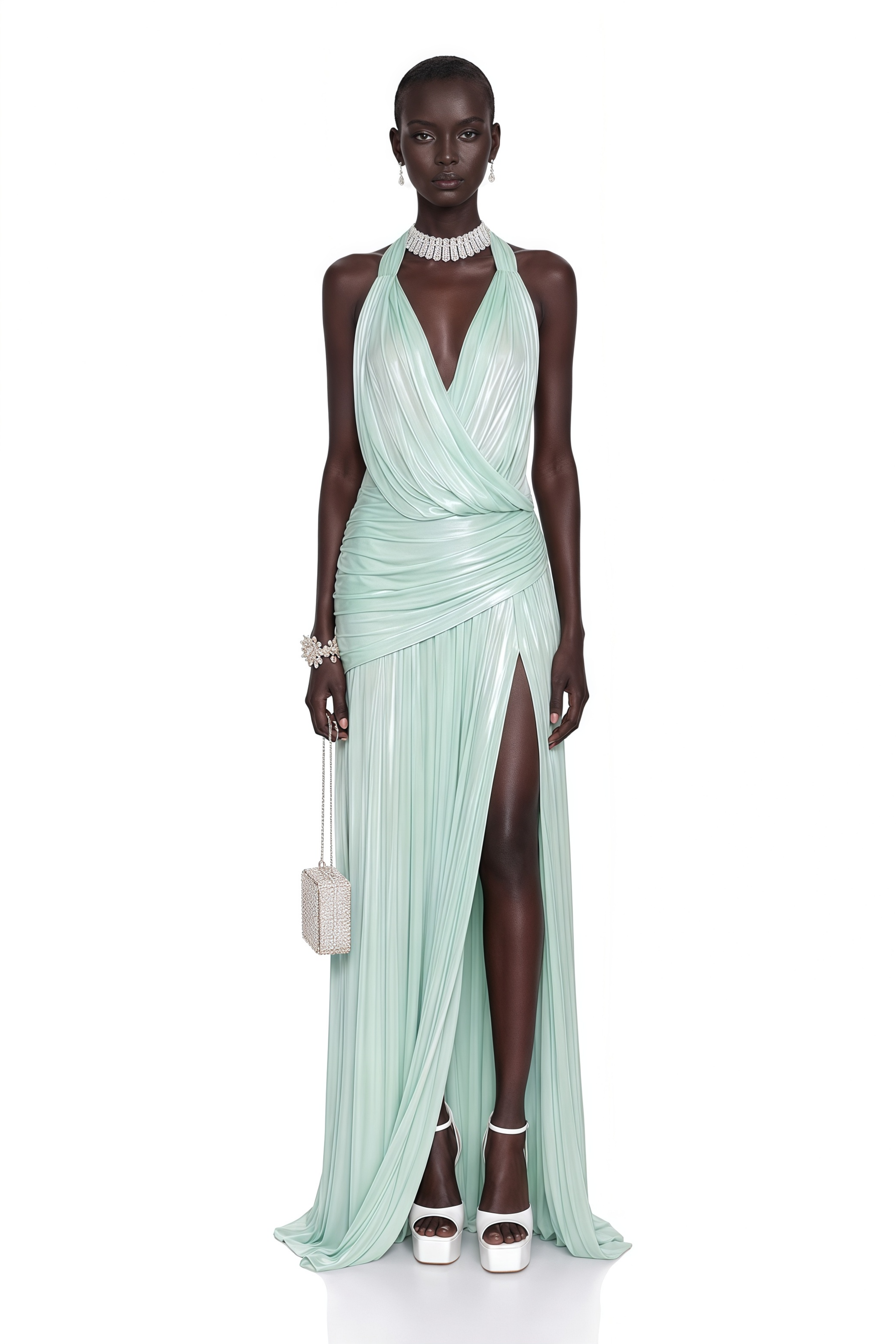 Calliope Mint Green Halterneck Ruched Slit Maxi Dress