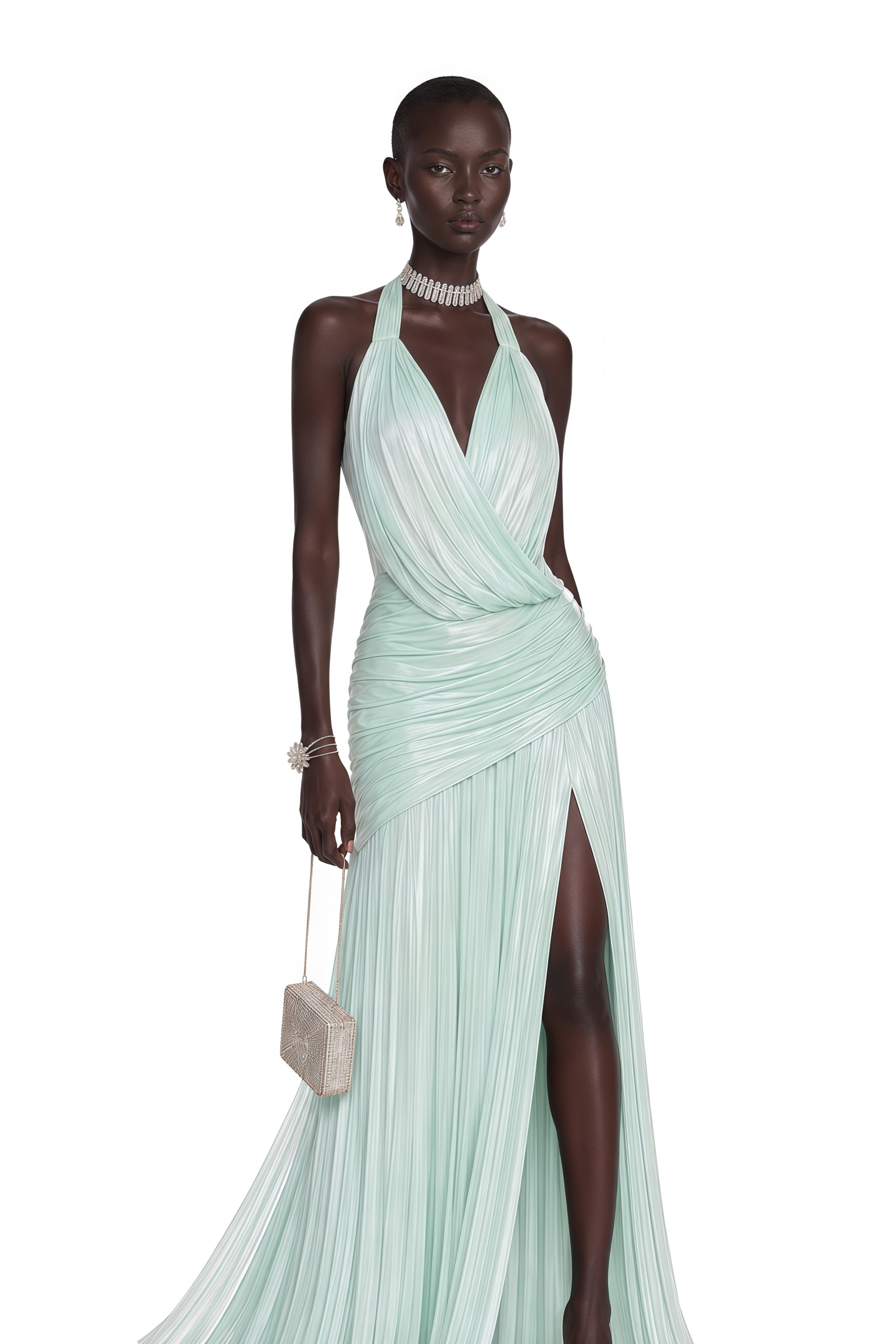 Calliope Mint Green Halterneck Ruched Slit Maxi Dress