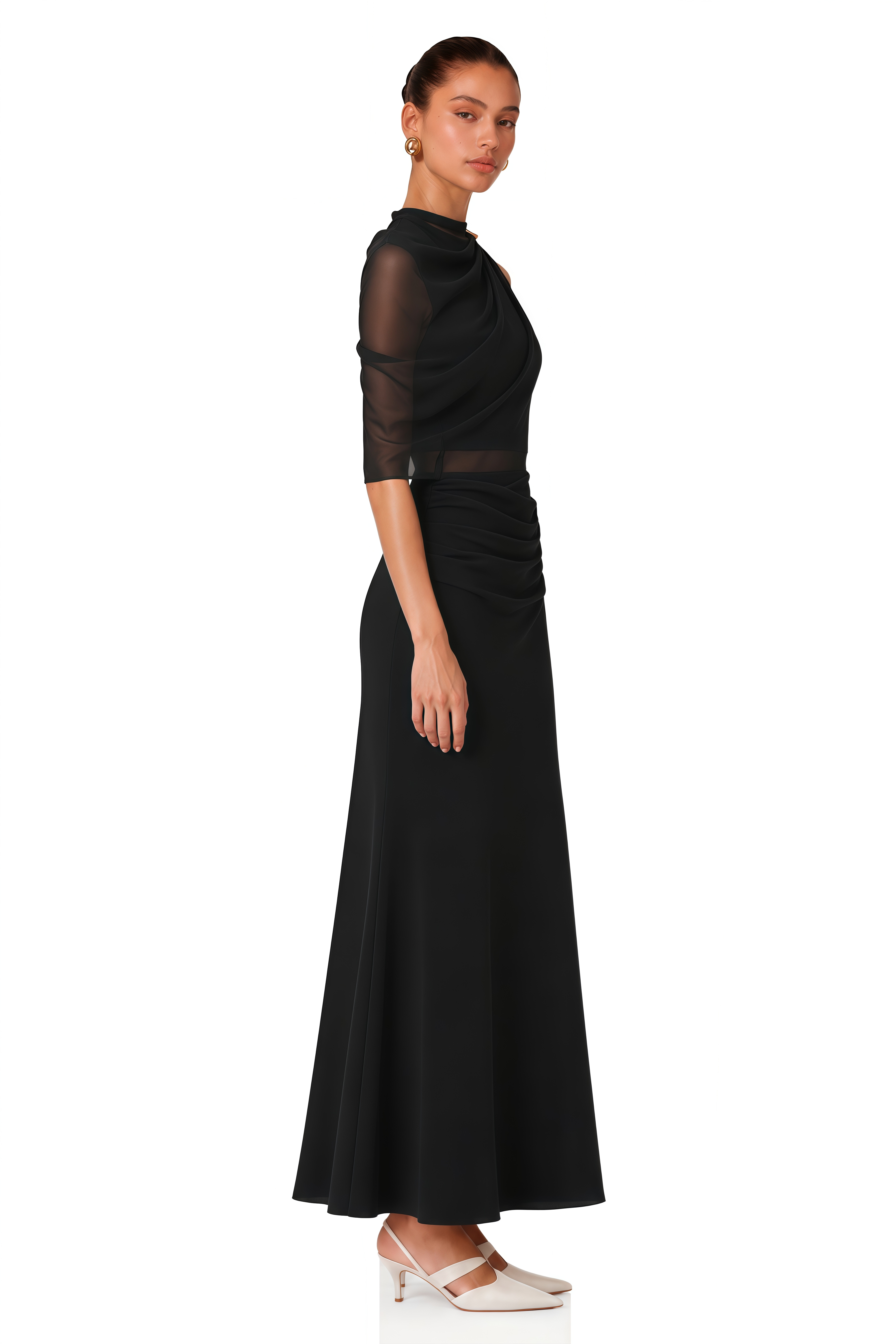 Calypso Black Asymmetrical Ruched Top & Skirt Set
