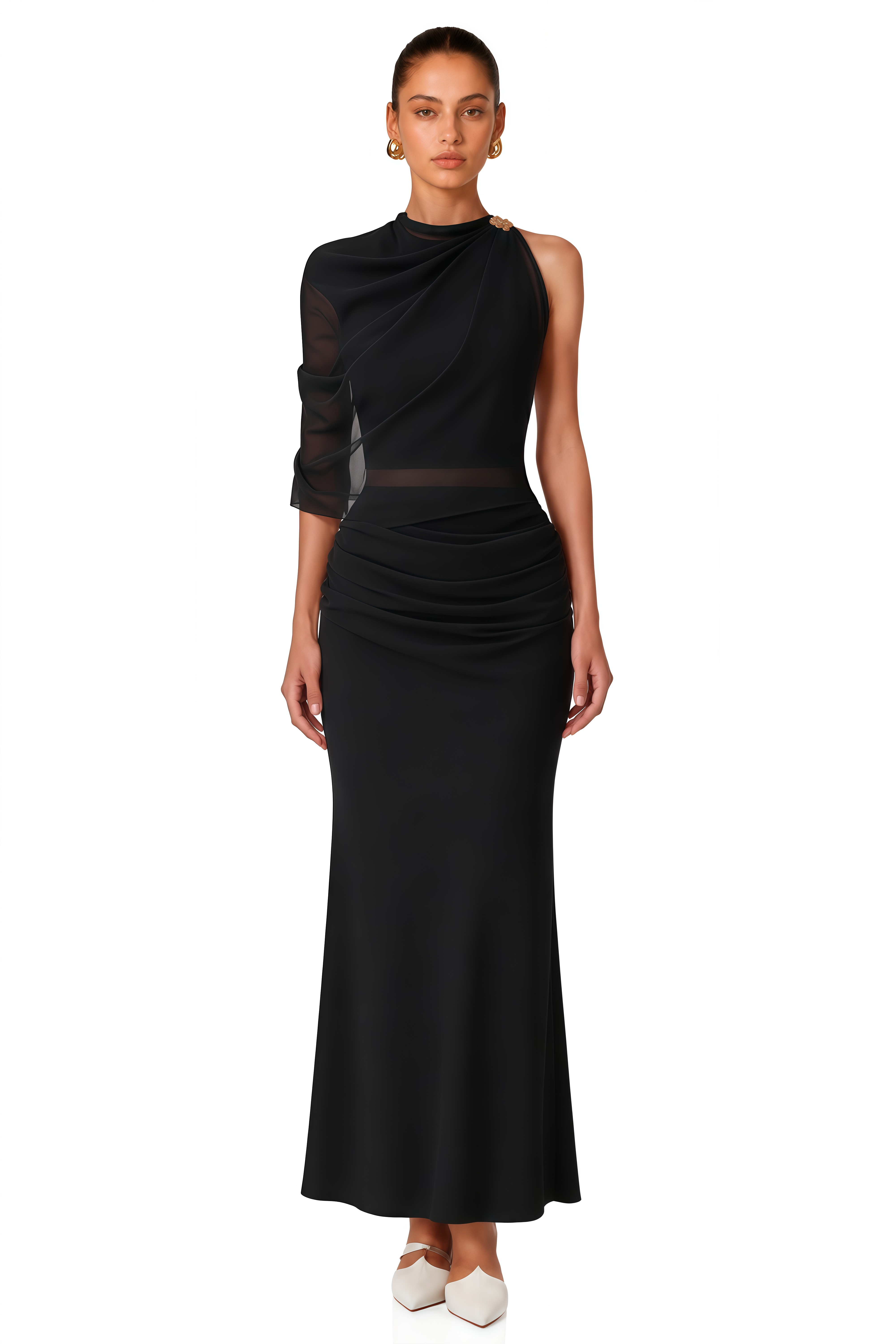 Calypso Black Asymmetrical Ruched Top & Skirt Set
