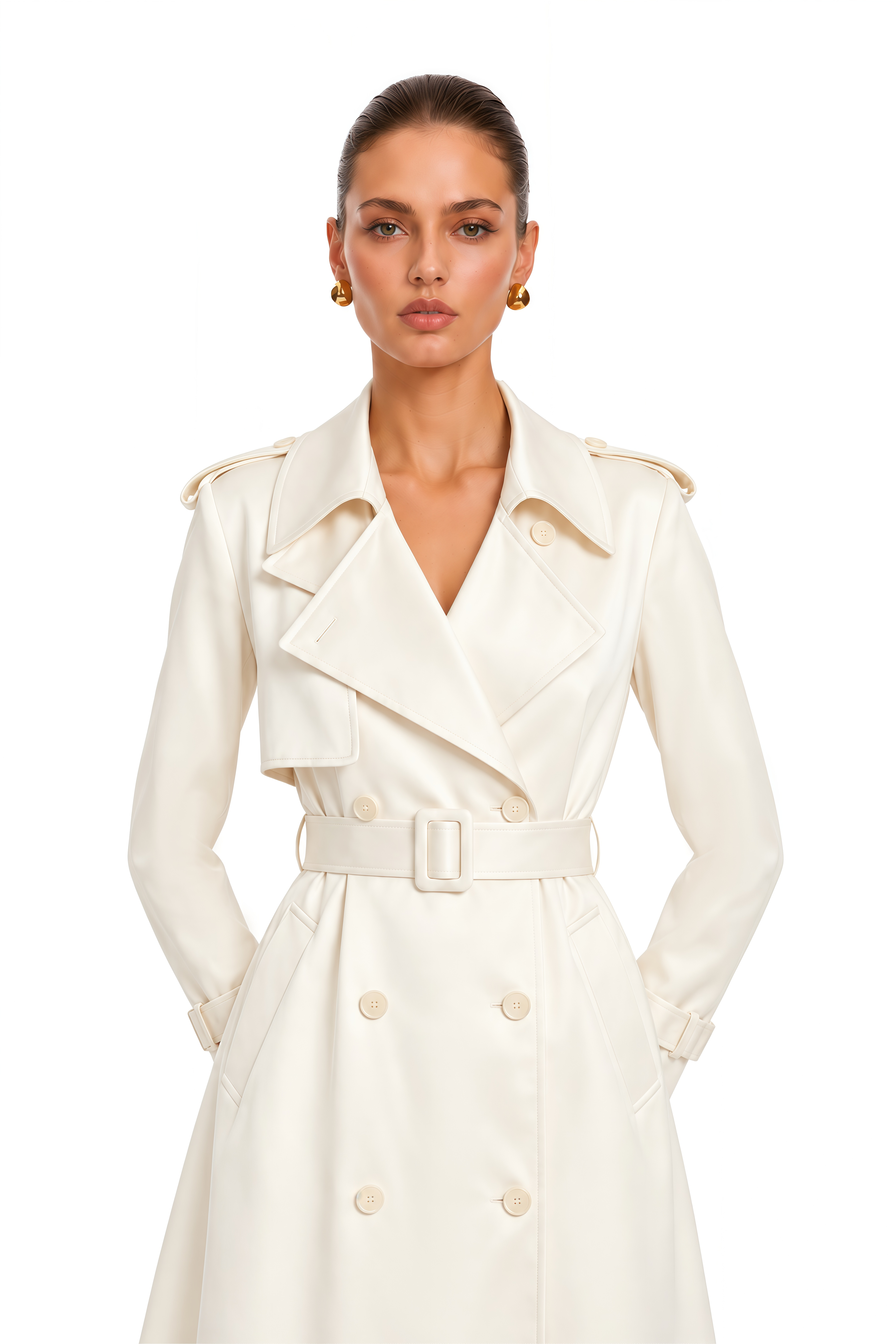 Caméo Neutral Double-Breasted Satin Trench Overcoat