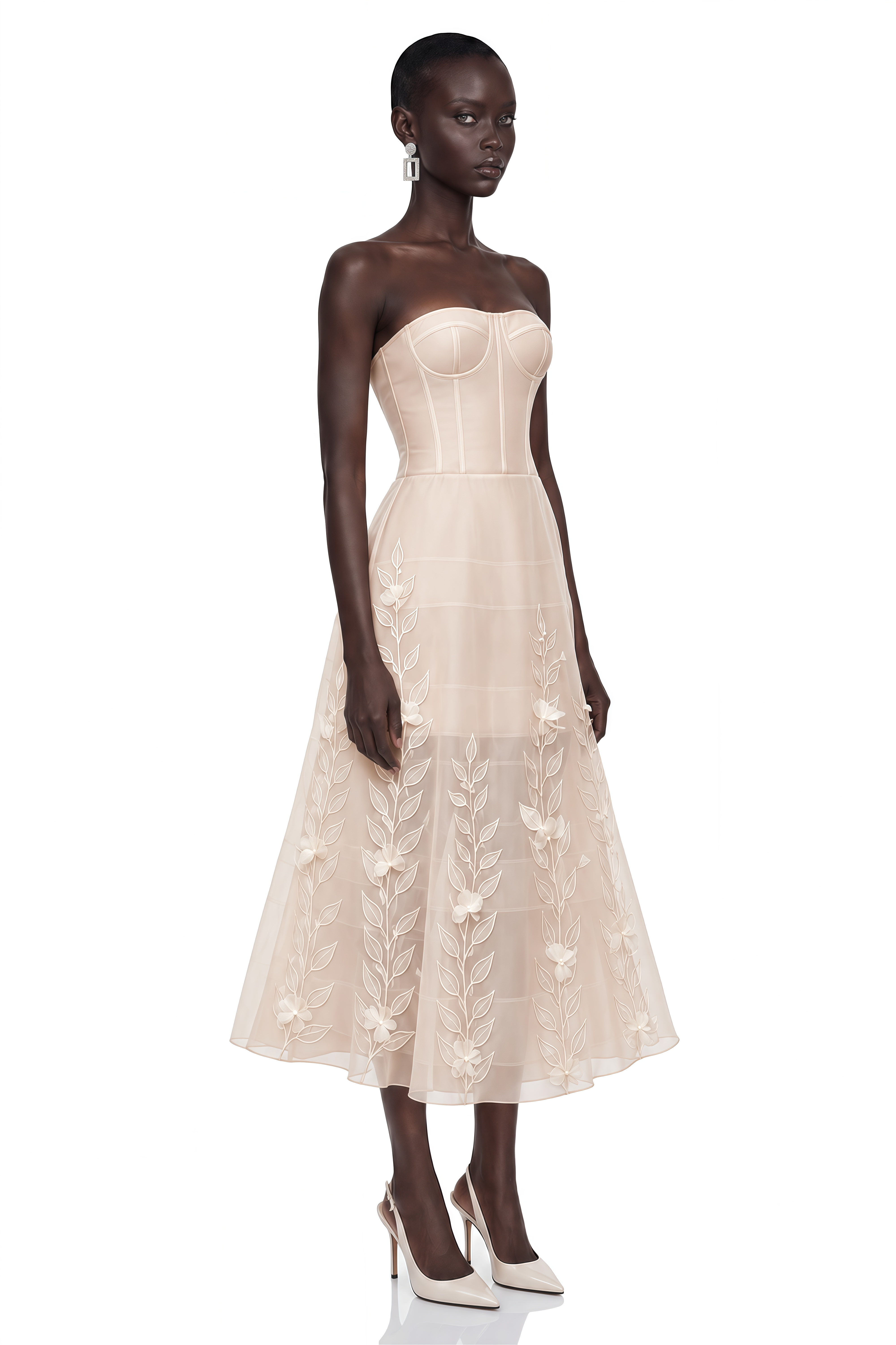 Camilla Neutral Strapless Floral Appliqué Midi Dress