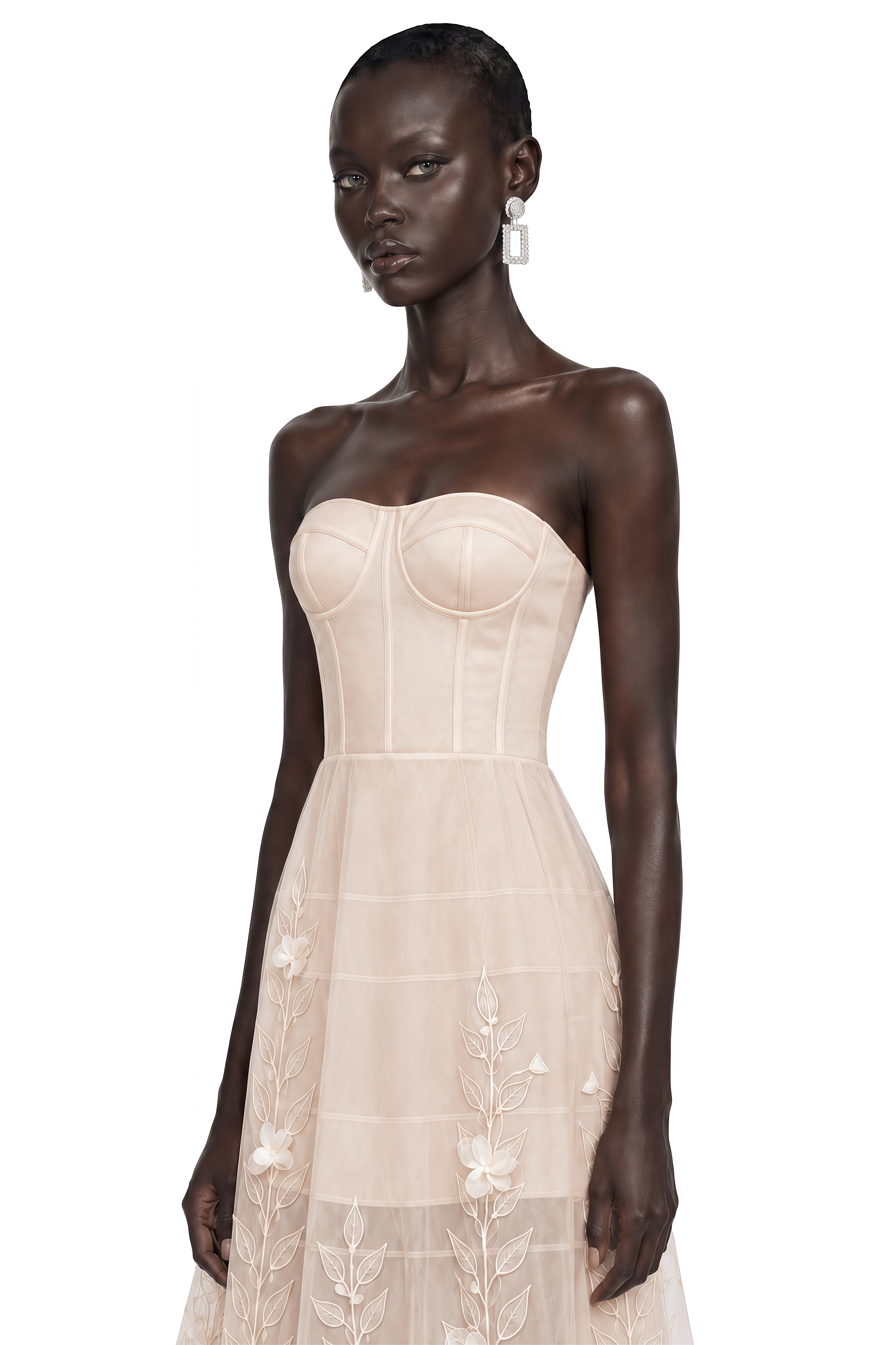 Camilla Neutral Strapless Floral Appliqué Midi Dress
