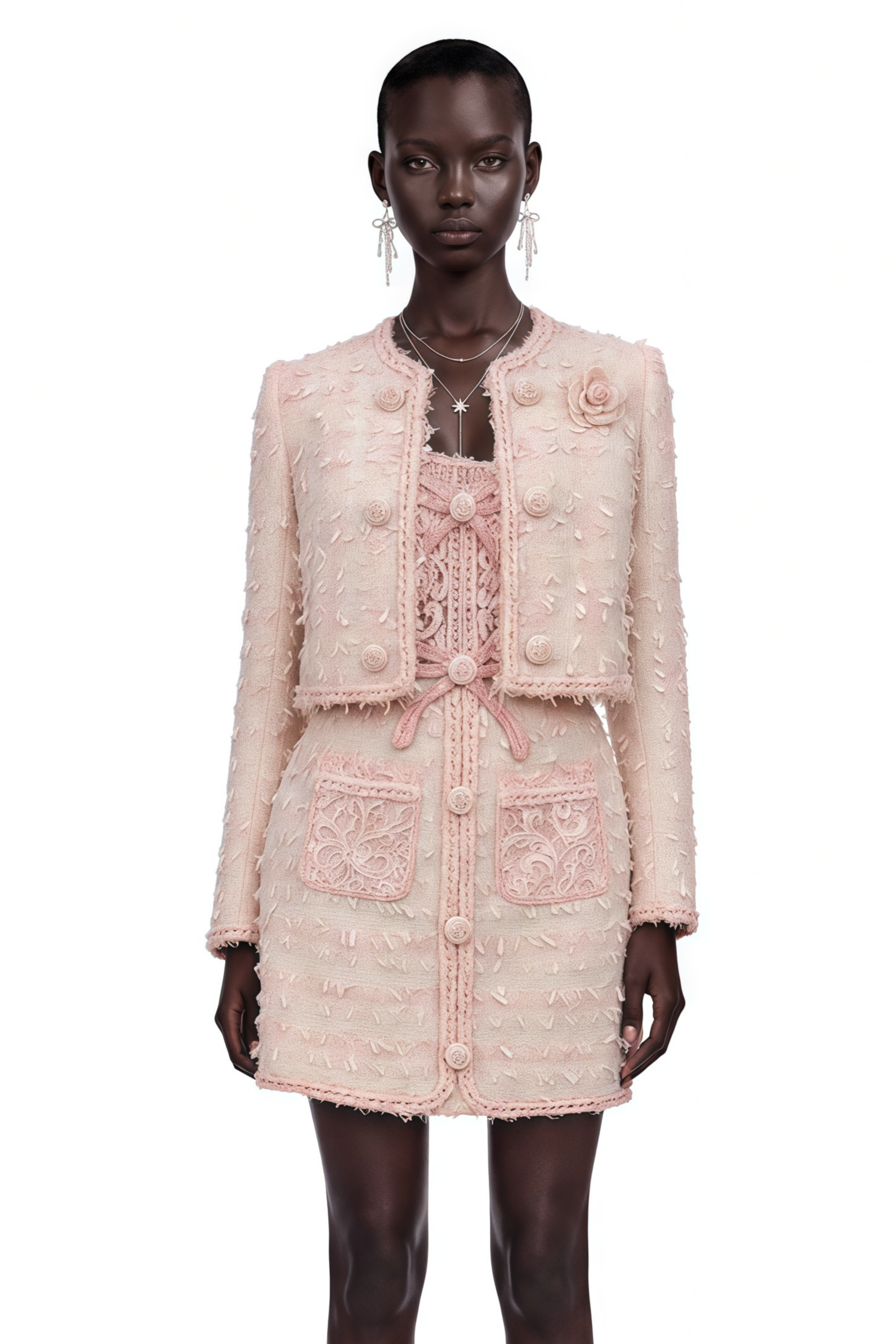 Camille Pink Tweed Jacket with 3D Floral & Lace Dress Set