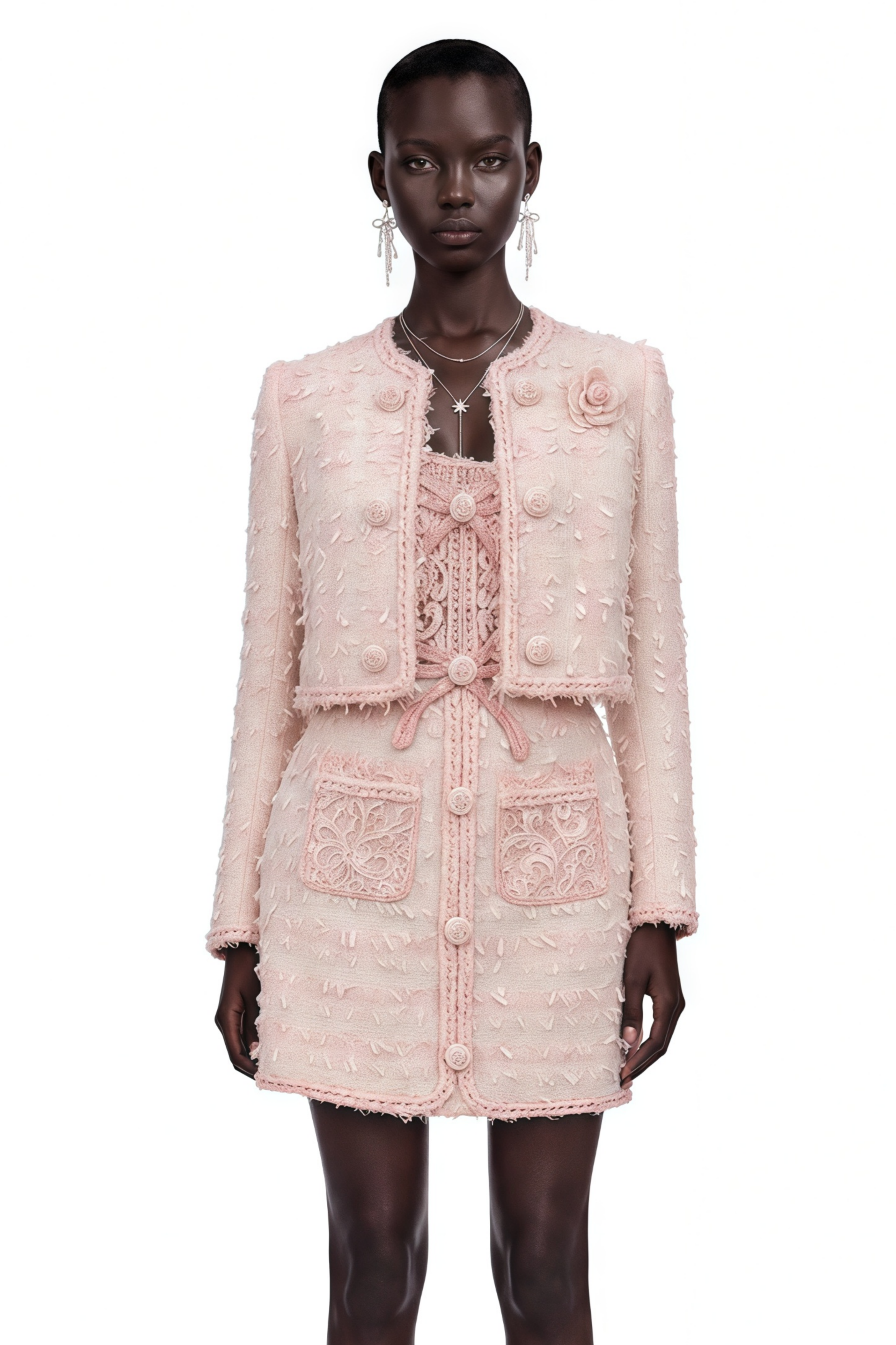 Light pink tweed cropped jacket and matching button-front mini skirt