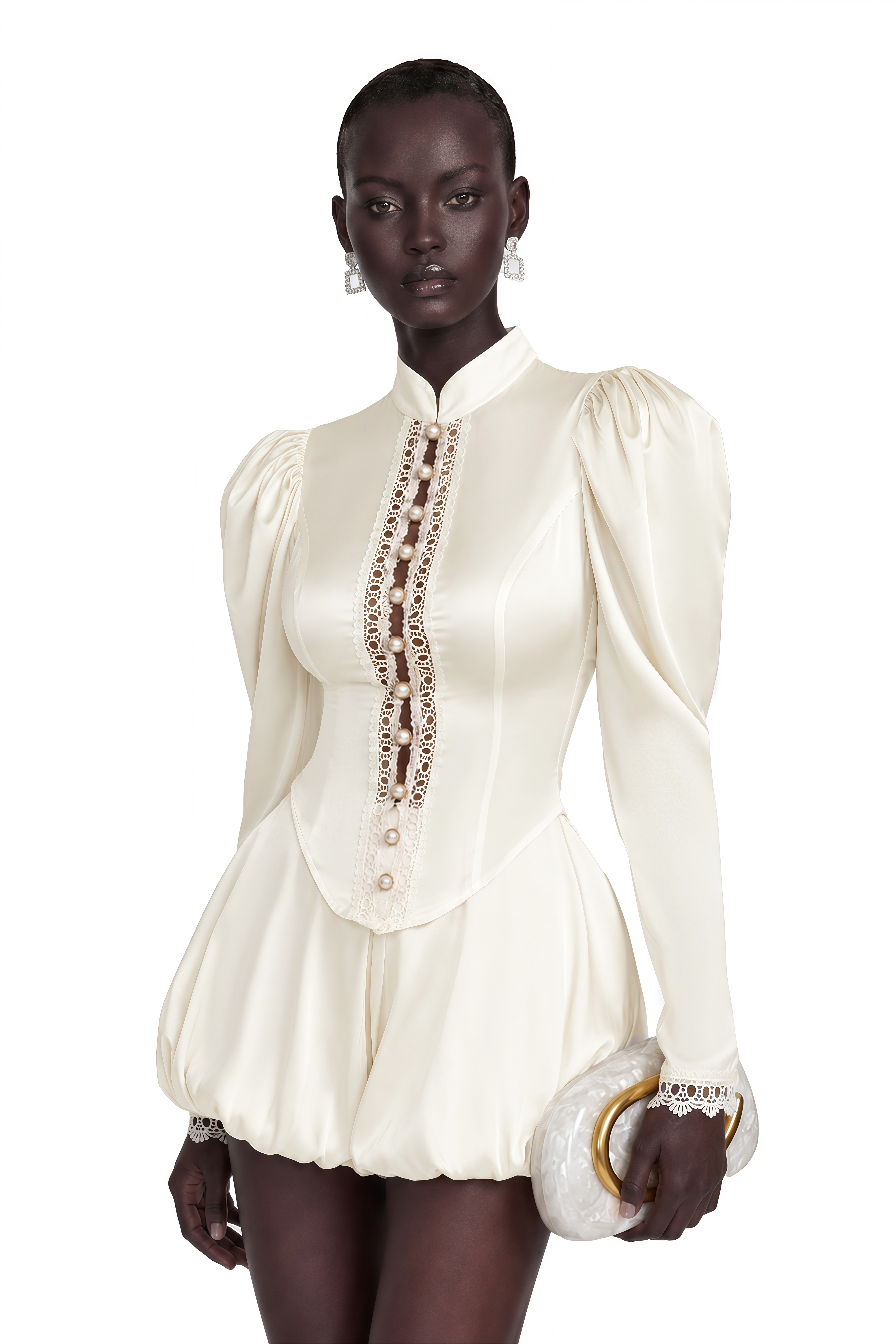 Cream satin high-neck mini dress with puff sleeves and button details