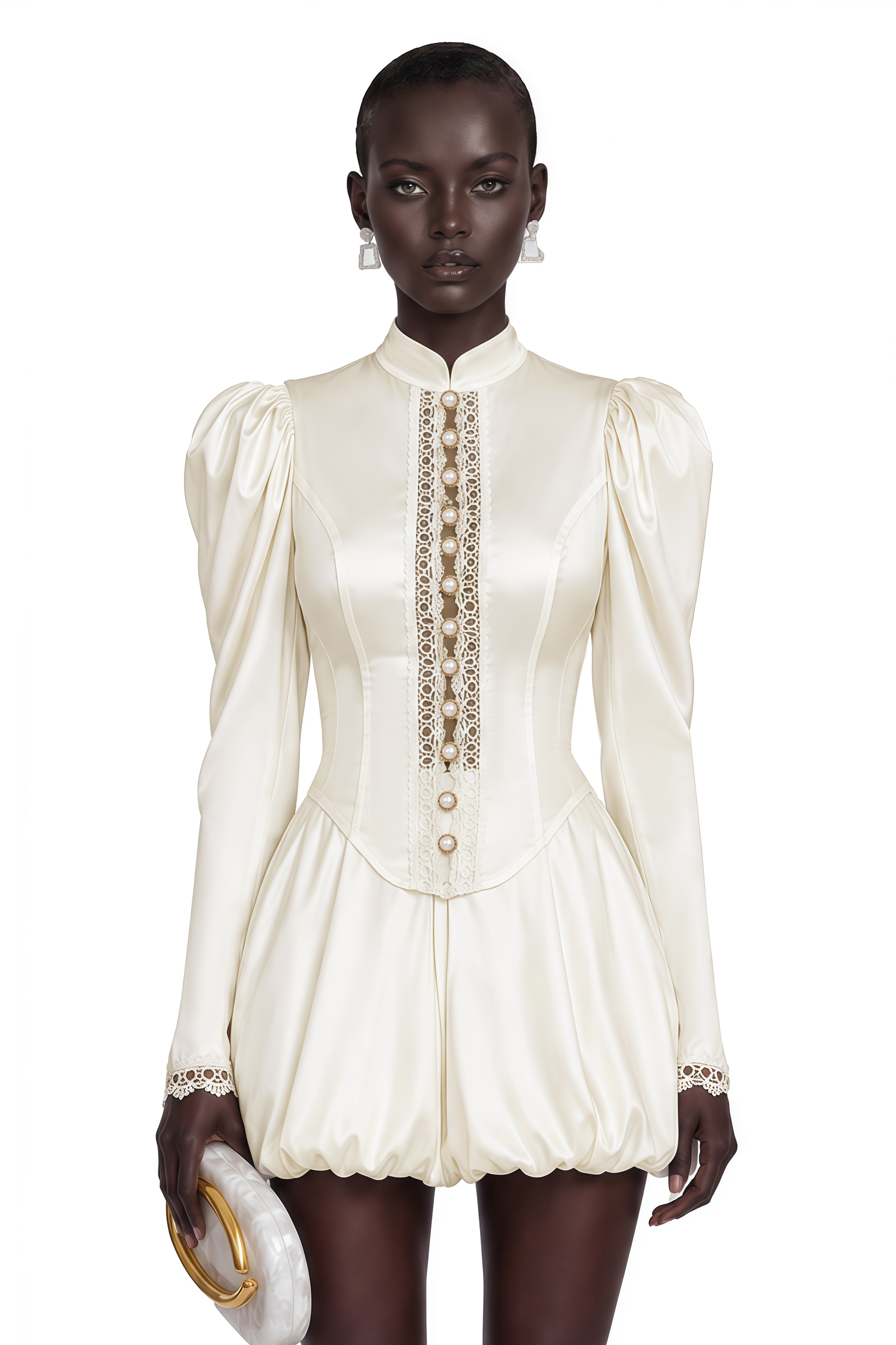 Cream satin high-neck mini dress with puff sleeves and button details