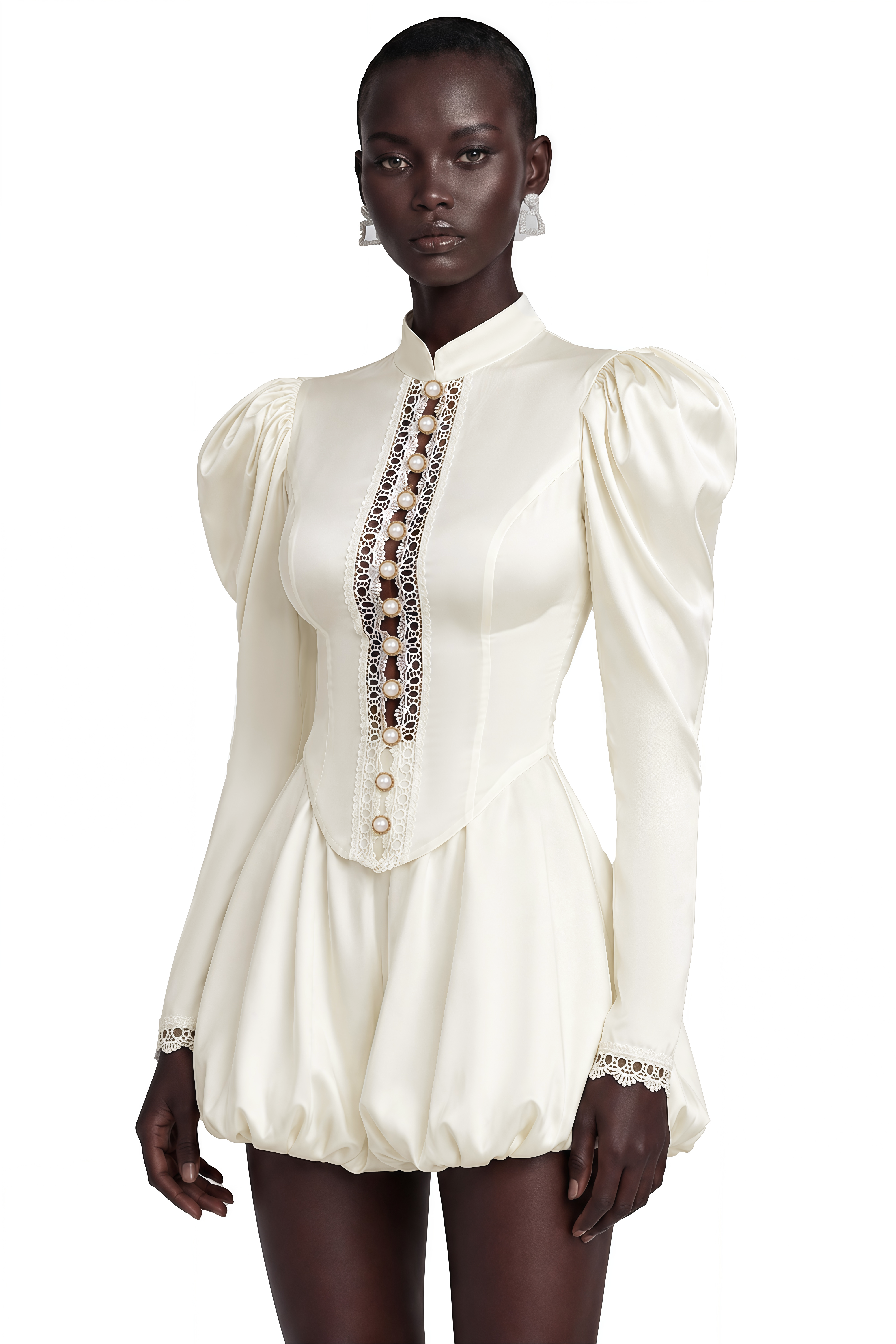 Cream satin high-neck mini dress with puff sleeves and button details