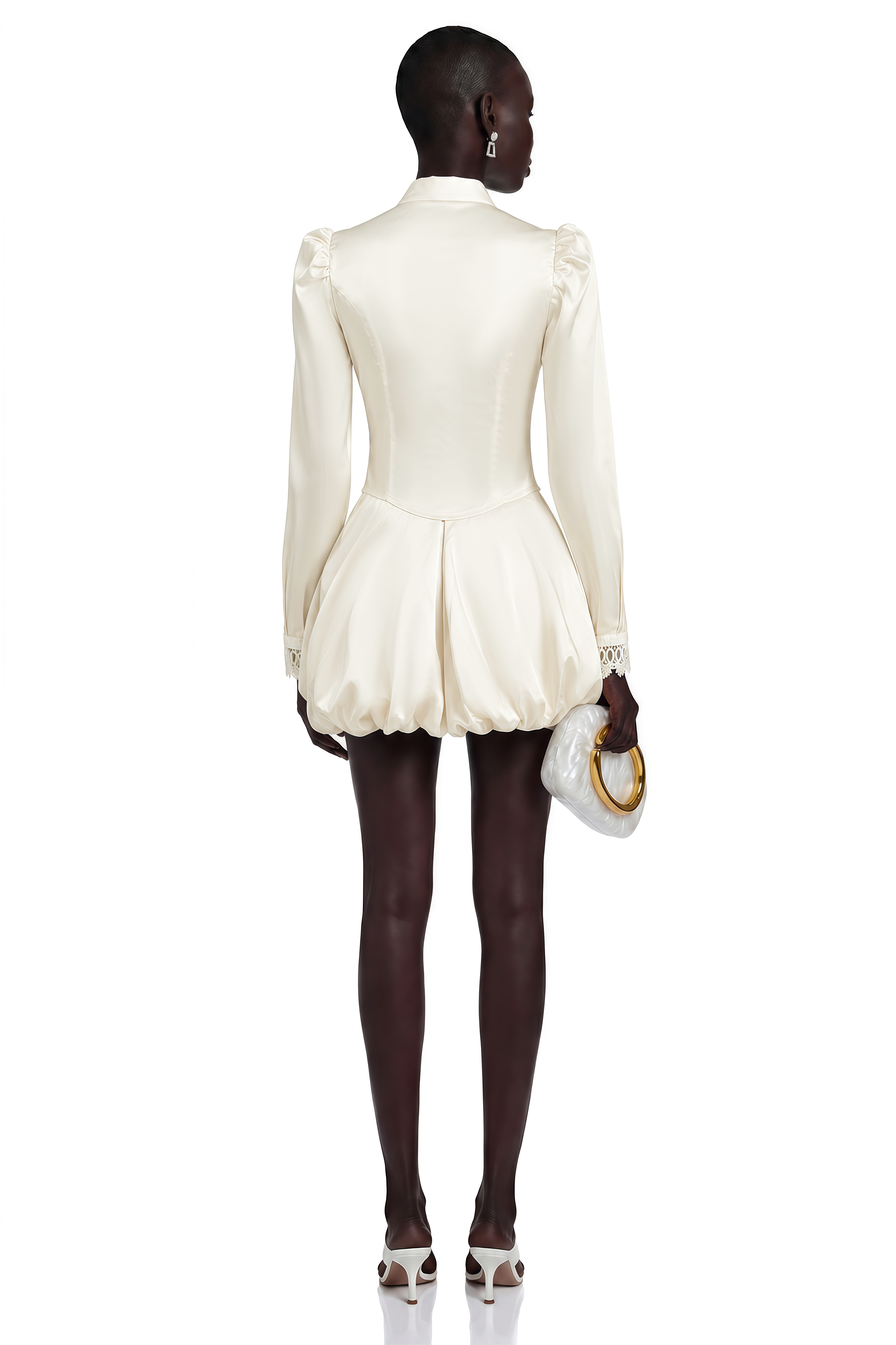 Cream satin high-neck mini dress with puff sleeves and button details
