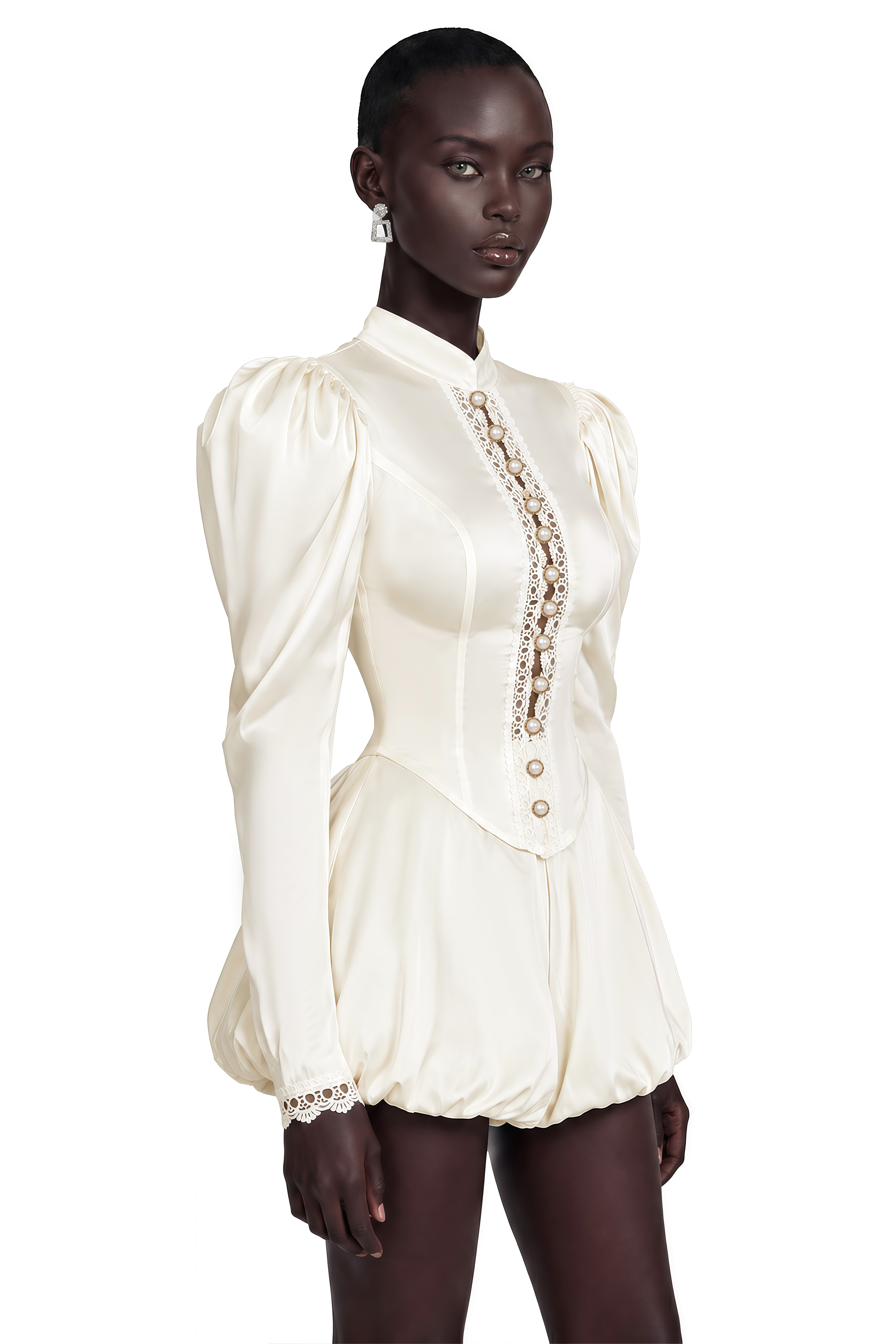 Cream satin high-neck mini dress with puff sleeves and button details