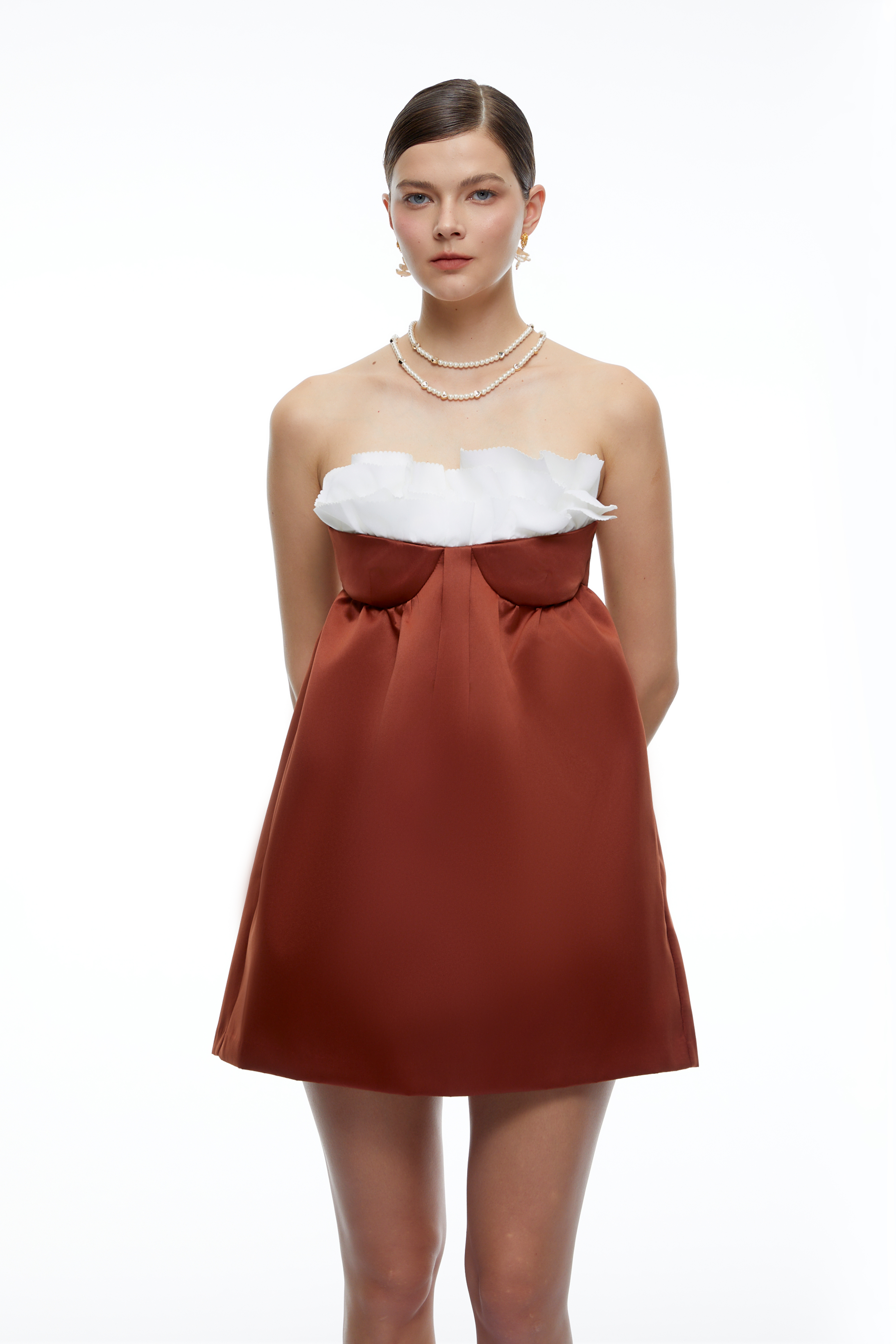 Capucine Brown Strapless Bow Mini Dress