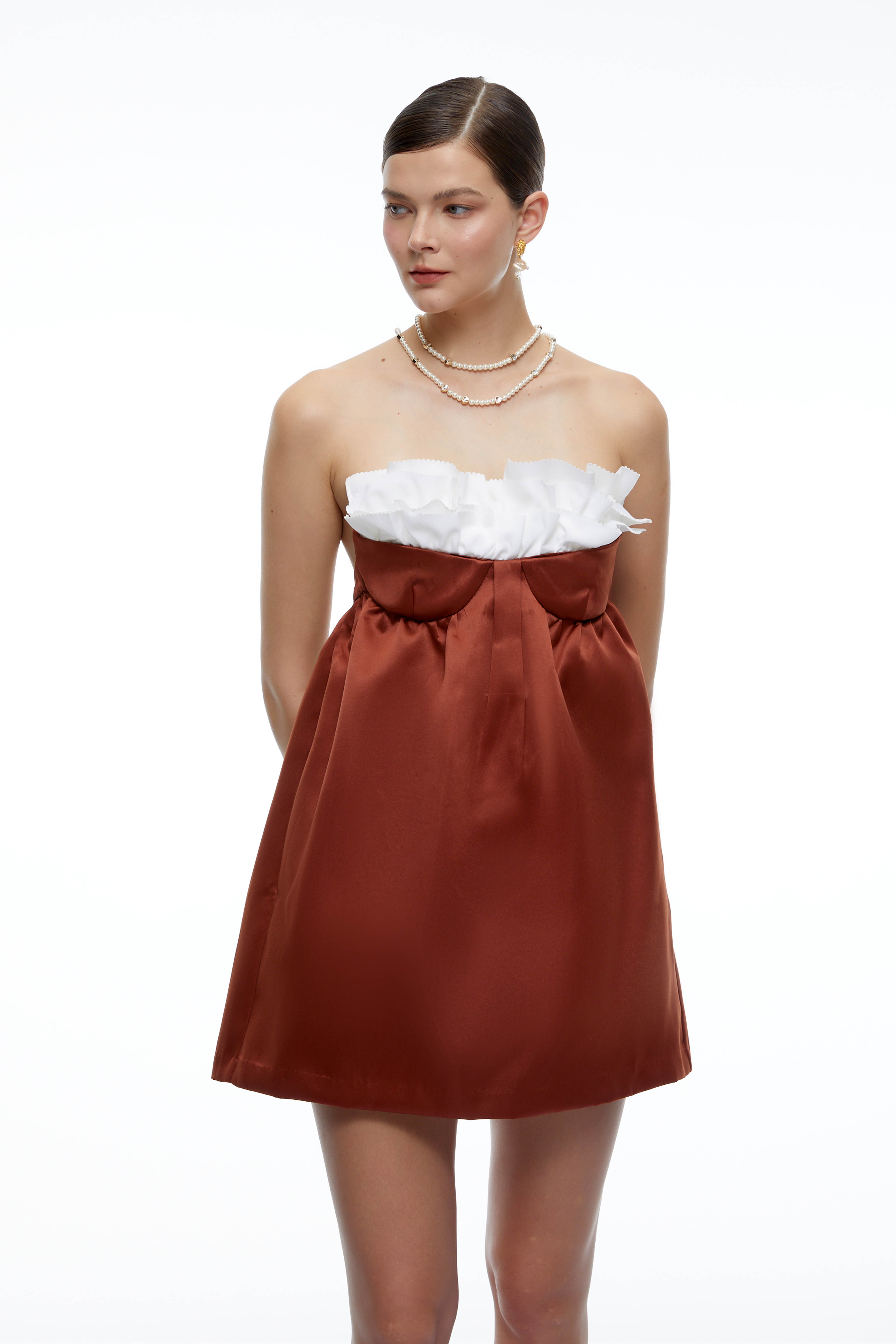 Capucine Brown Strapless Bow Mini Dress