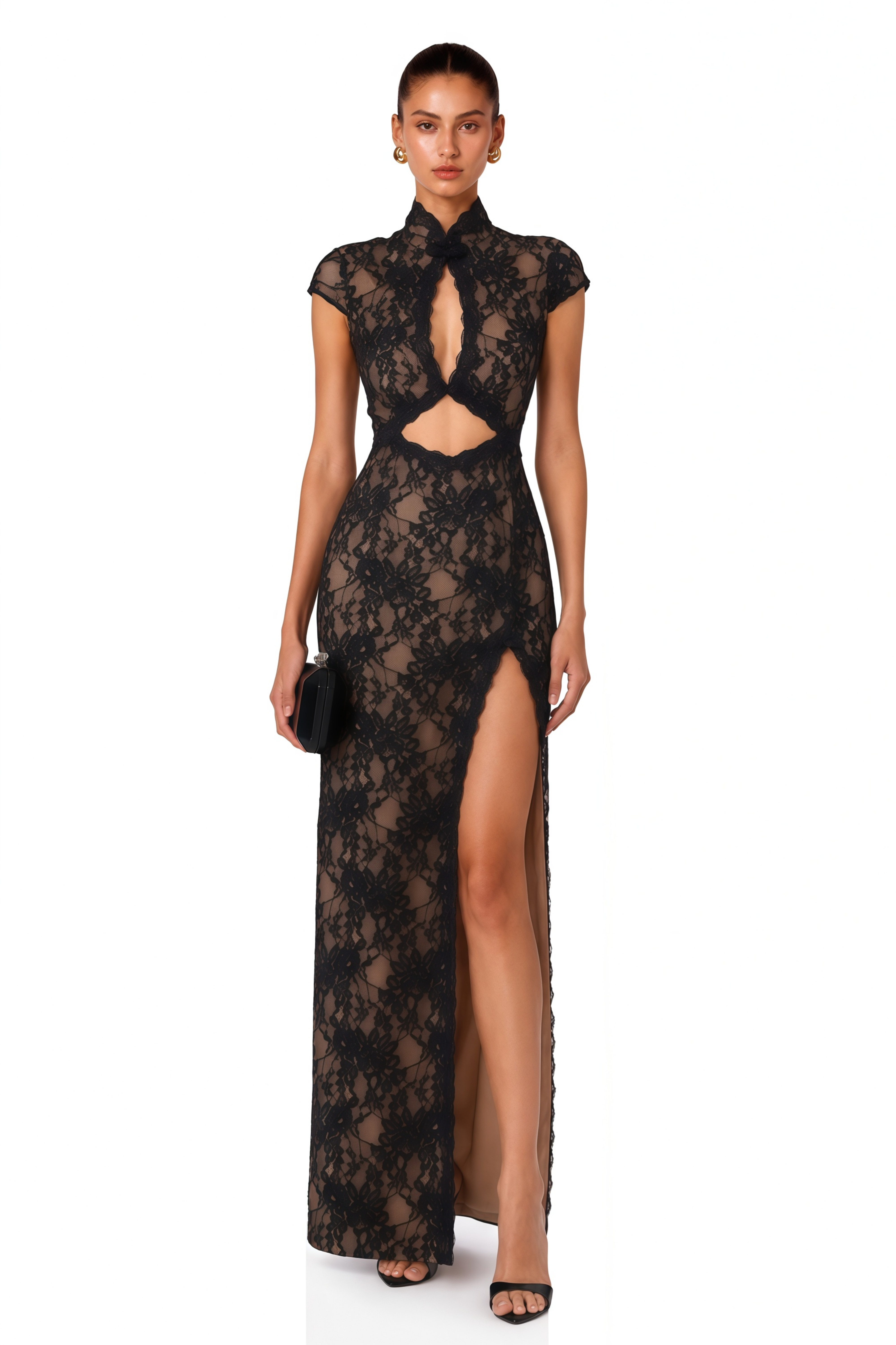 Carolina Black Semi-Sheer Lace Cut-Out Maxi Dress