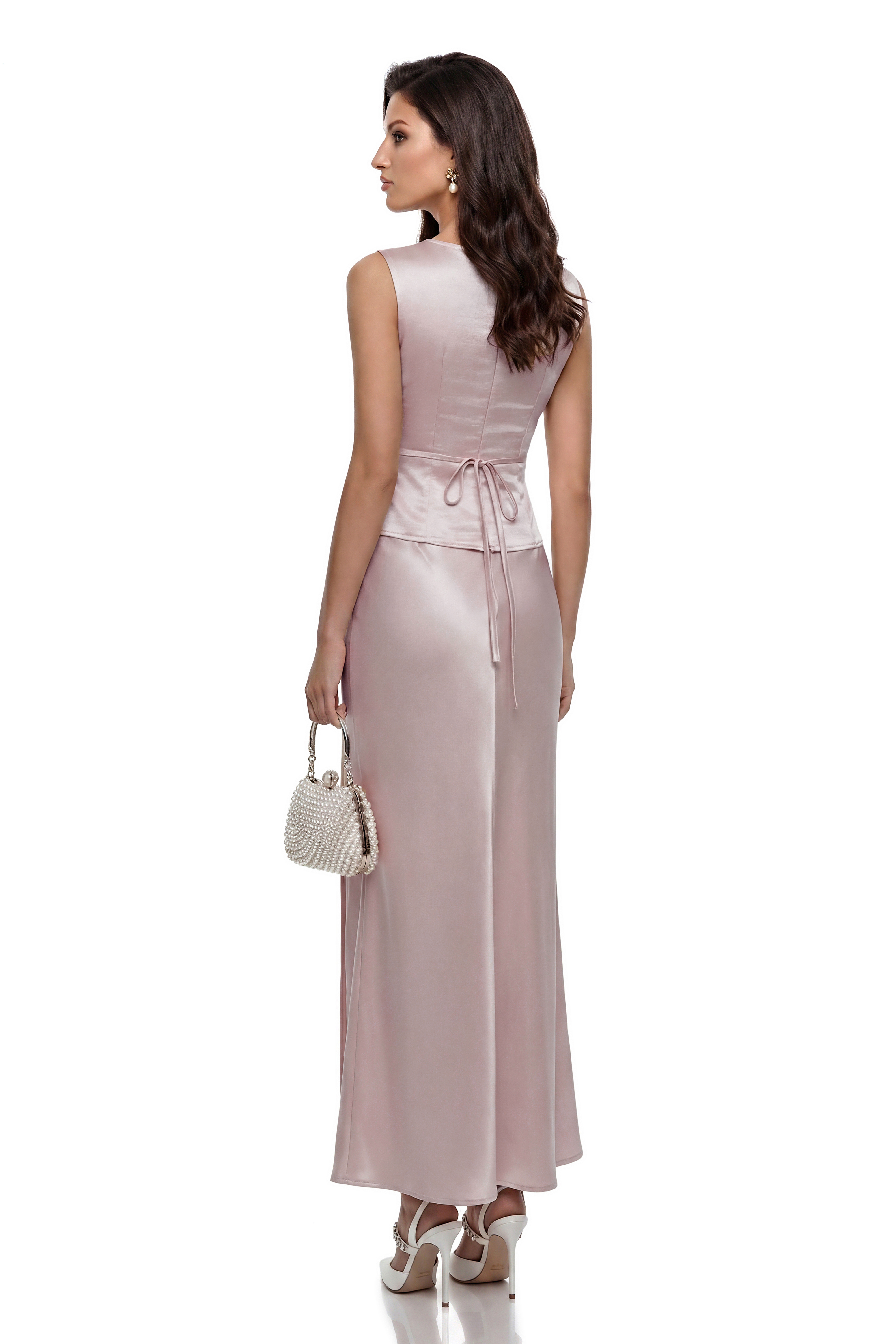 Blush pink satin maxi dress with white lace details