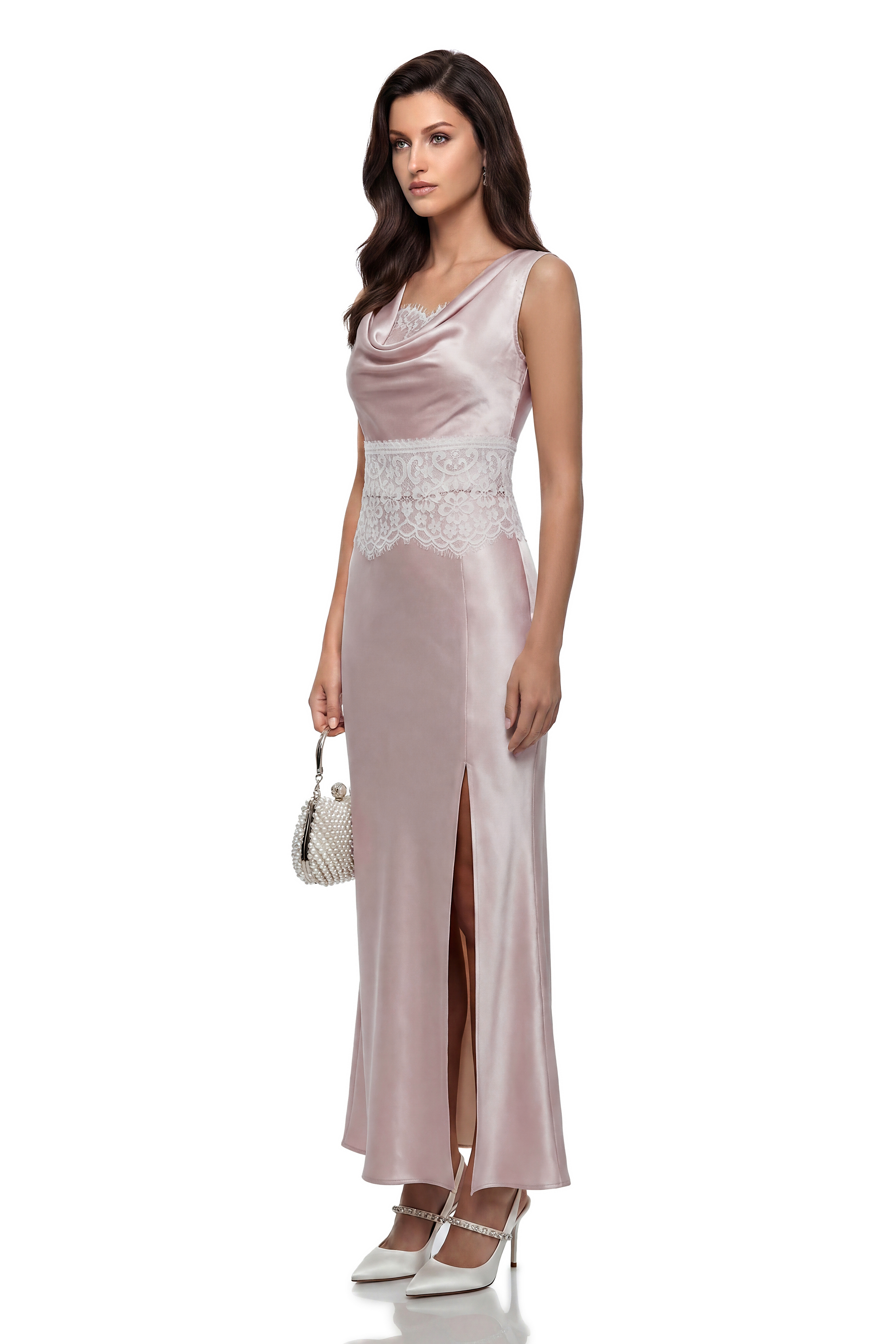 Blush pink satin maxi dress with white lace details