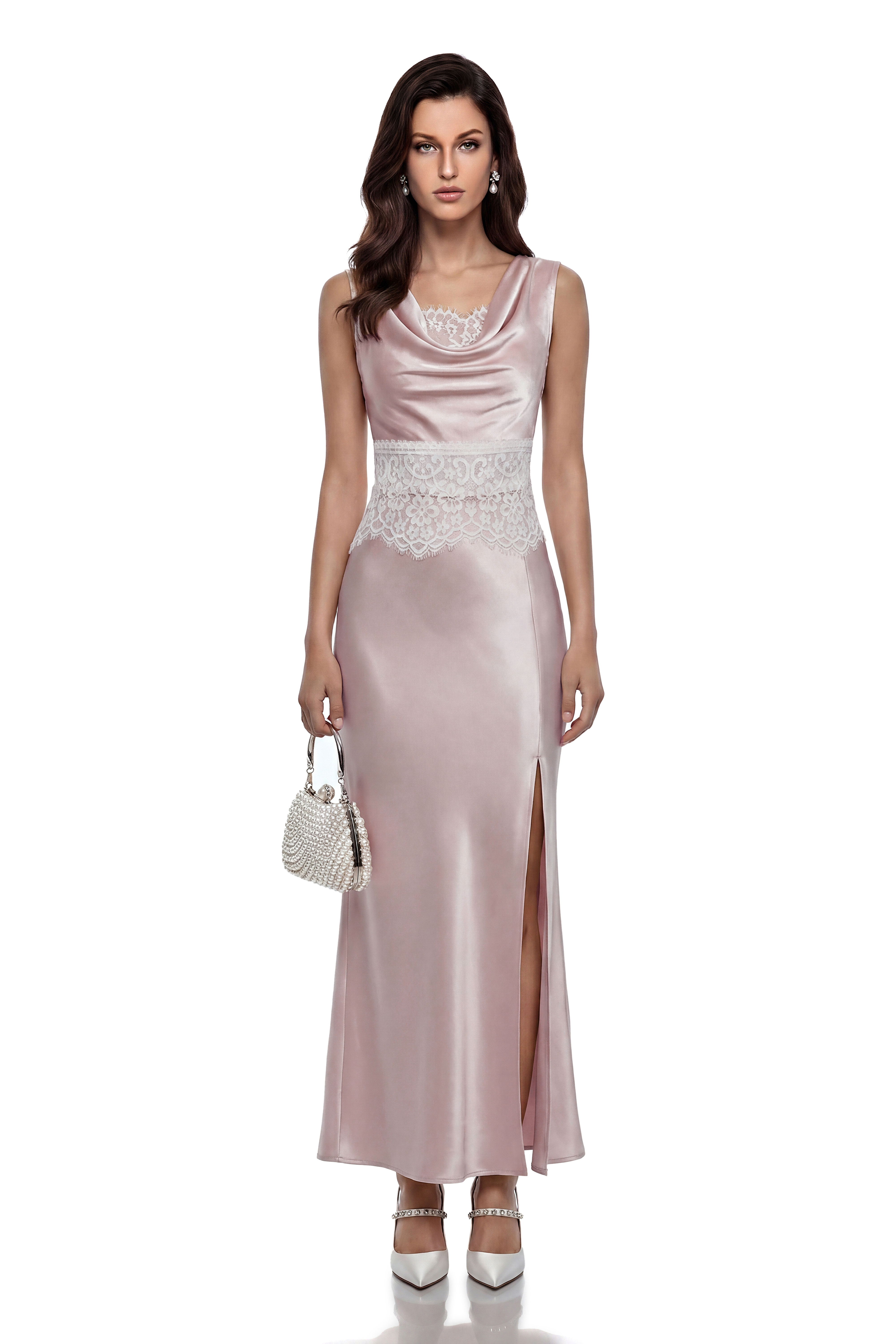 Blush pink satin maxi dress with white lace details