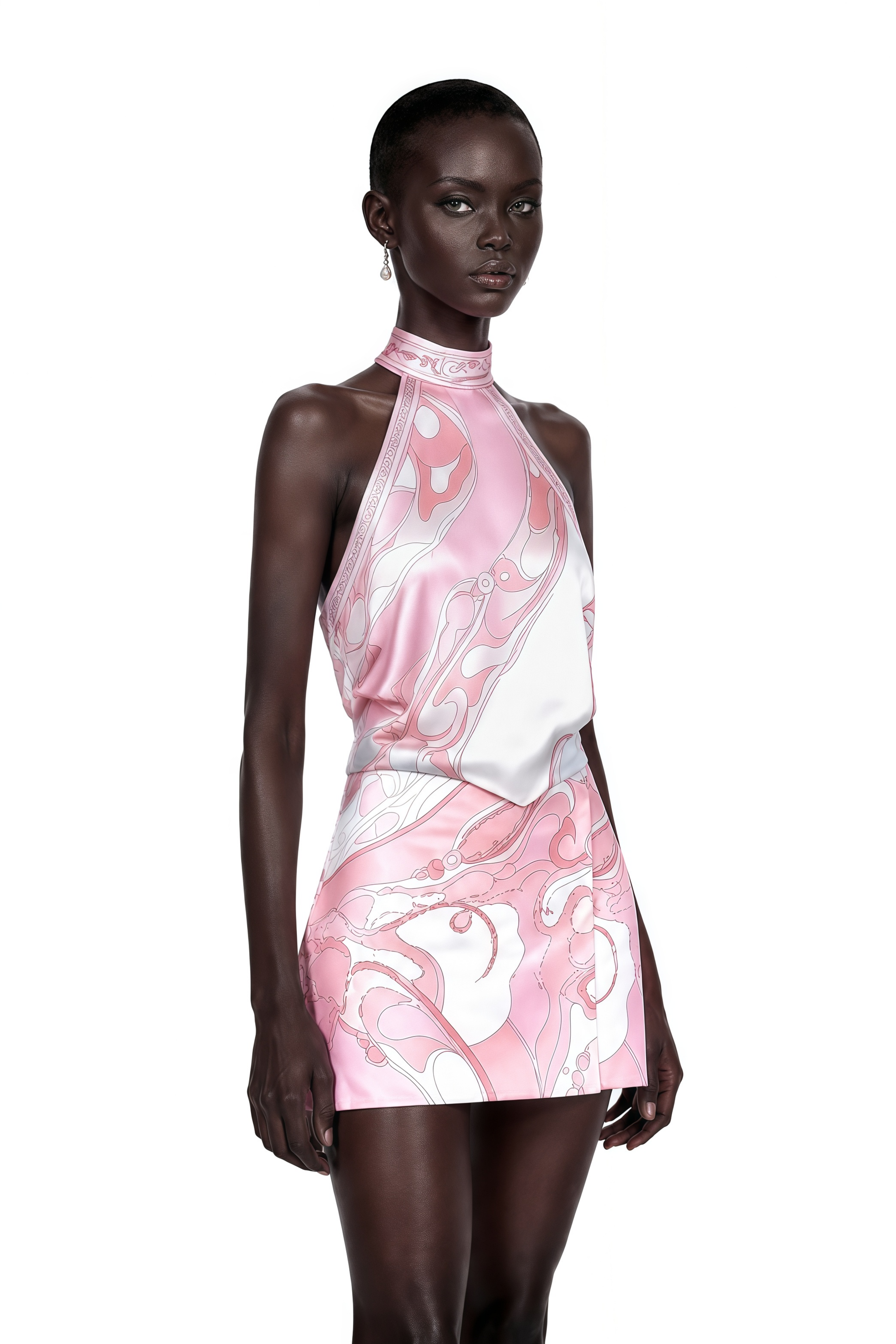 Pink printed high-neck halter mini dress with wrap skirt
