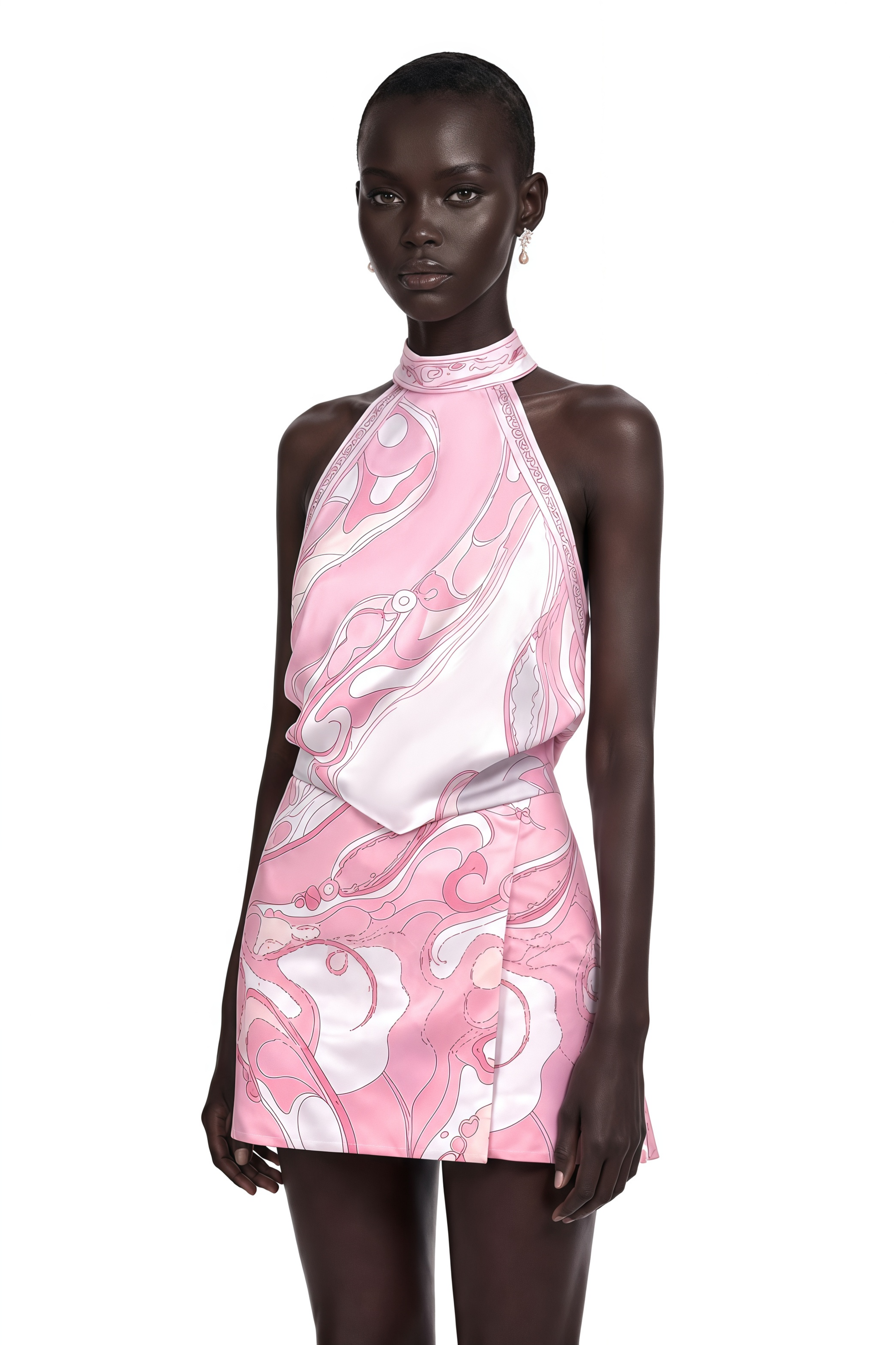 Pink printed high-neck halter mini dress with wrap skirt