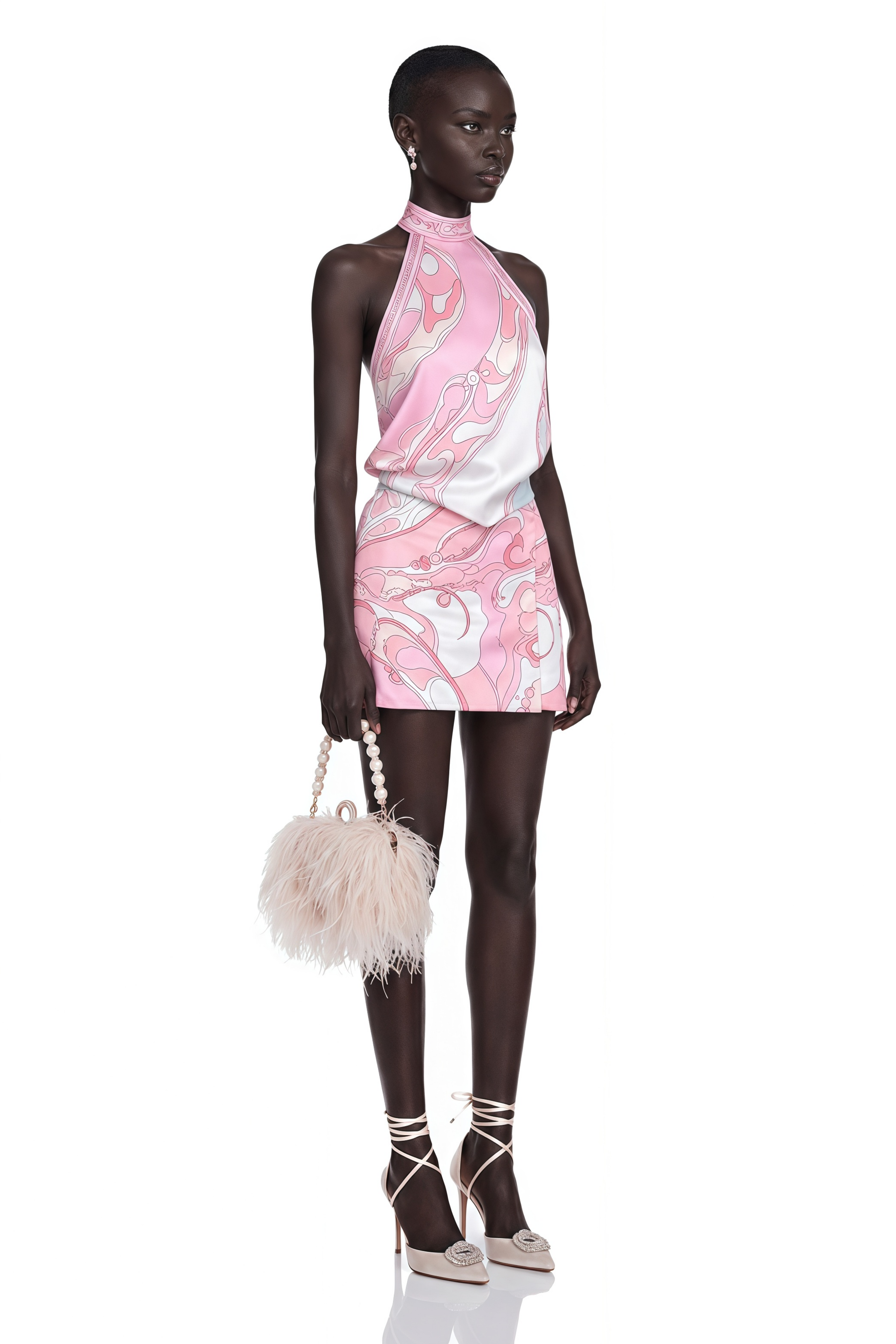 Pink printed high-neck halter mini dress with wrap skirt
