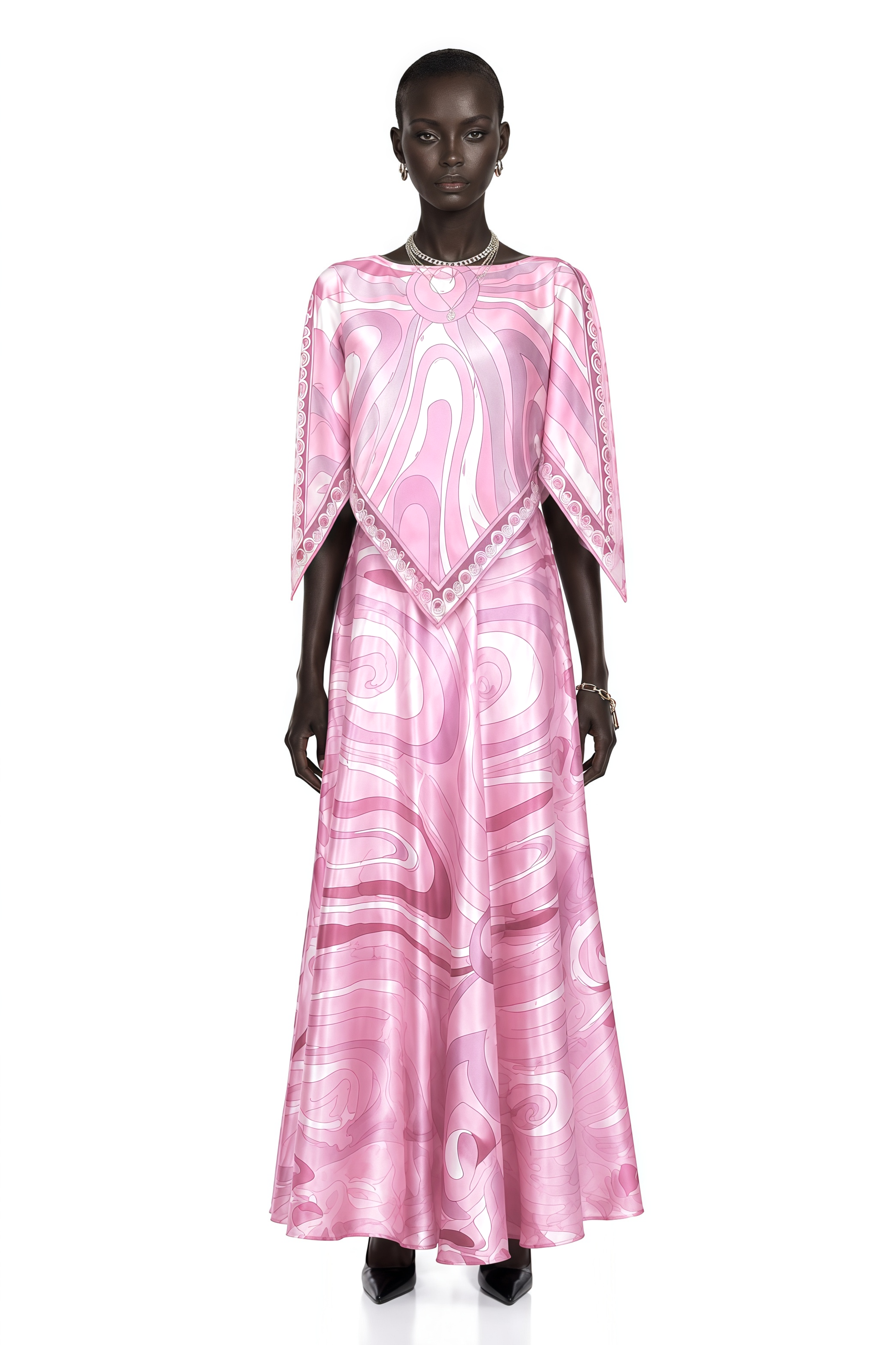 Cassia Pink Printed Cape Top & Maxi Skirt Set