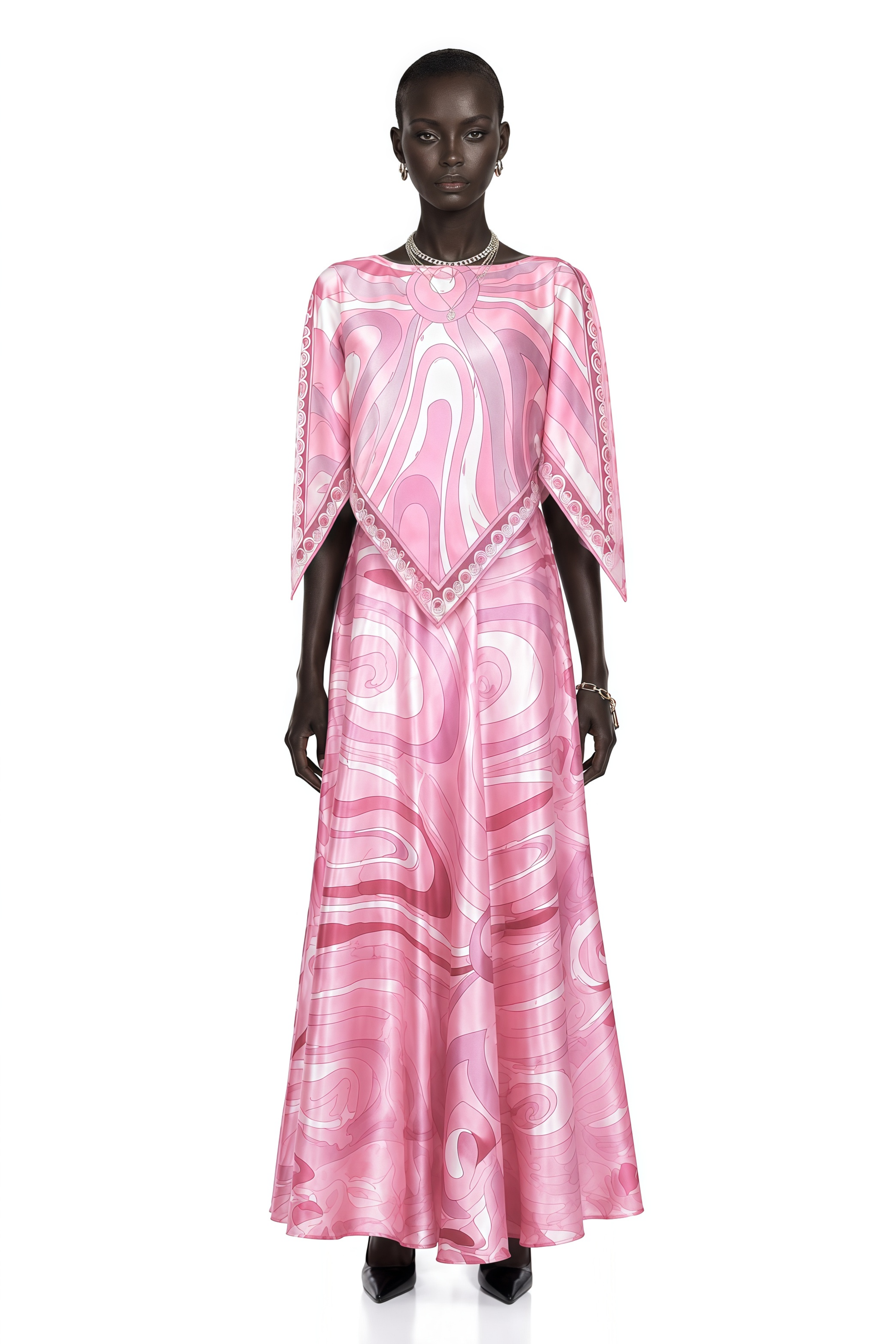 Pink printed boat-neck maxi dress with handkerchief cape overlay